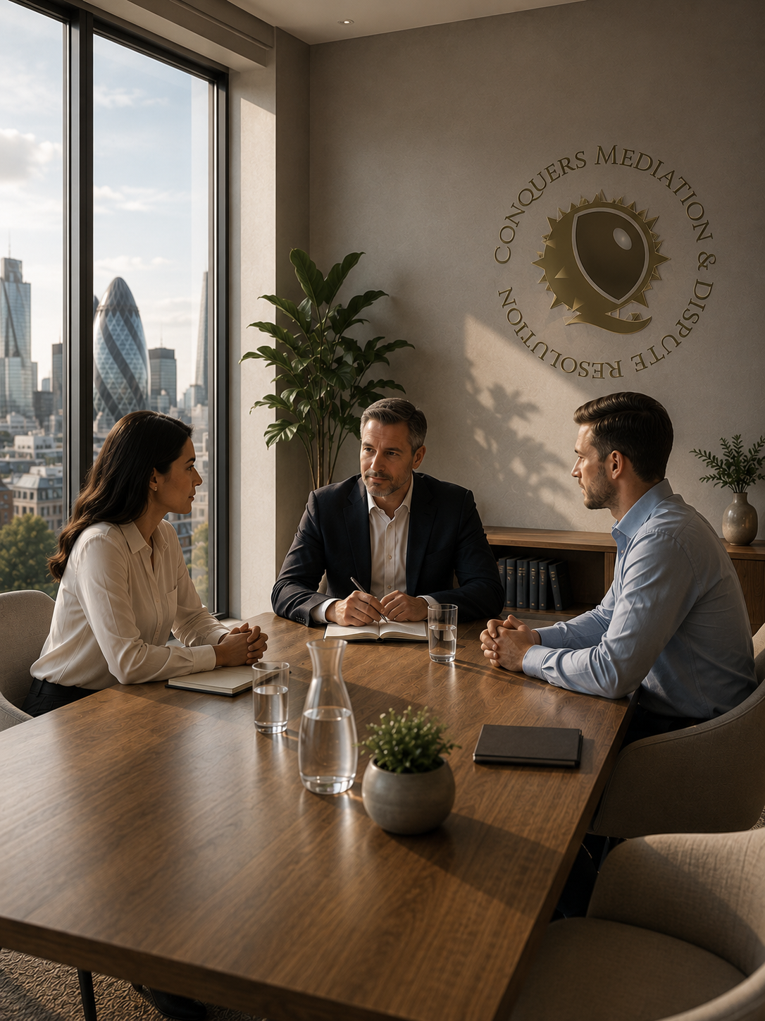 Three business professionals having a meeting in a modern office with a cityscape view, a large window, and a logo on the wall that reads 'Conquerors Mediation & Dispute Resolution'.