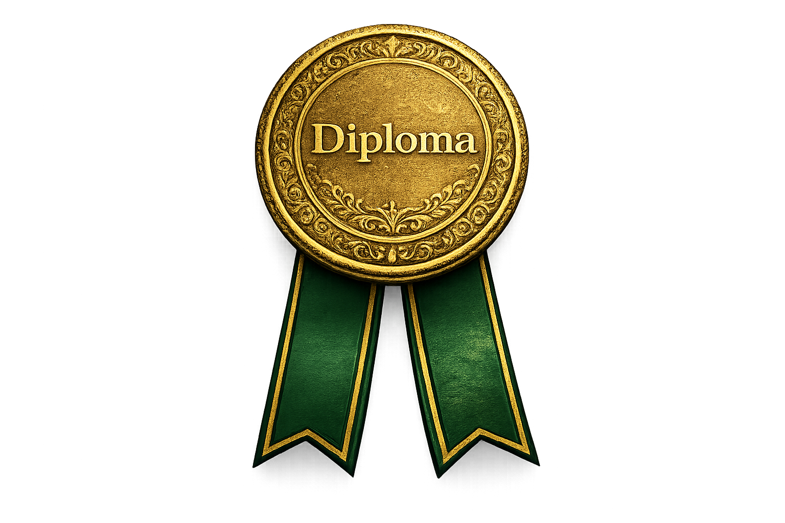 A gold medal with the word 'Diploma' inscribed in the center, attached to a green ribbon with gold trim.
