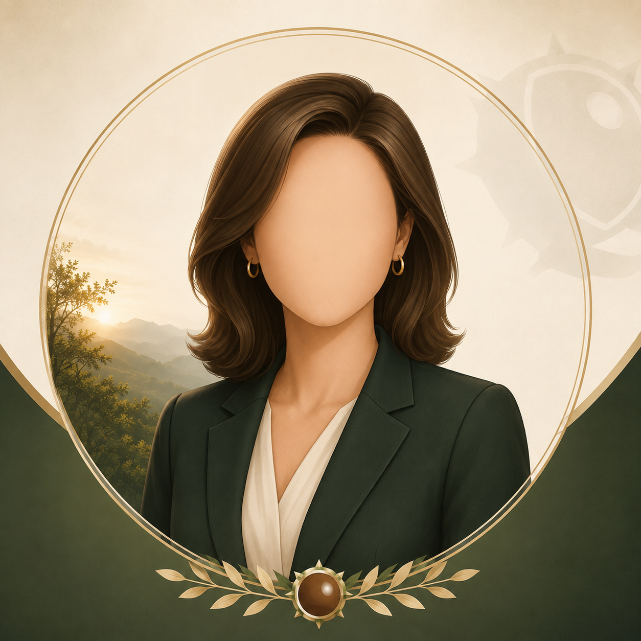 Digital illustration of a woman with shoulder-length brown hair, wearing a dark blazer and gold hoop earrings, with an oval frame featuring a landscape with trees and mountains, and decorative leaves and a central medallion at the bottom.