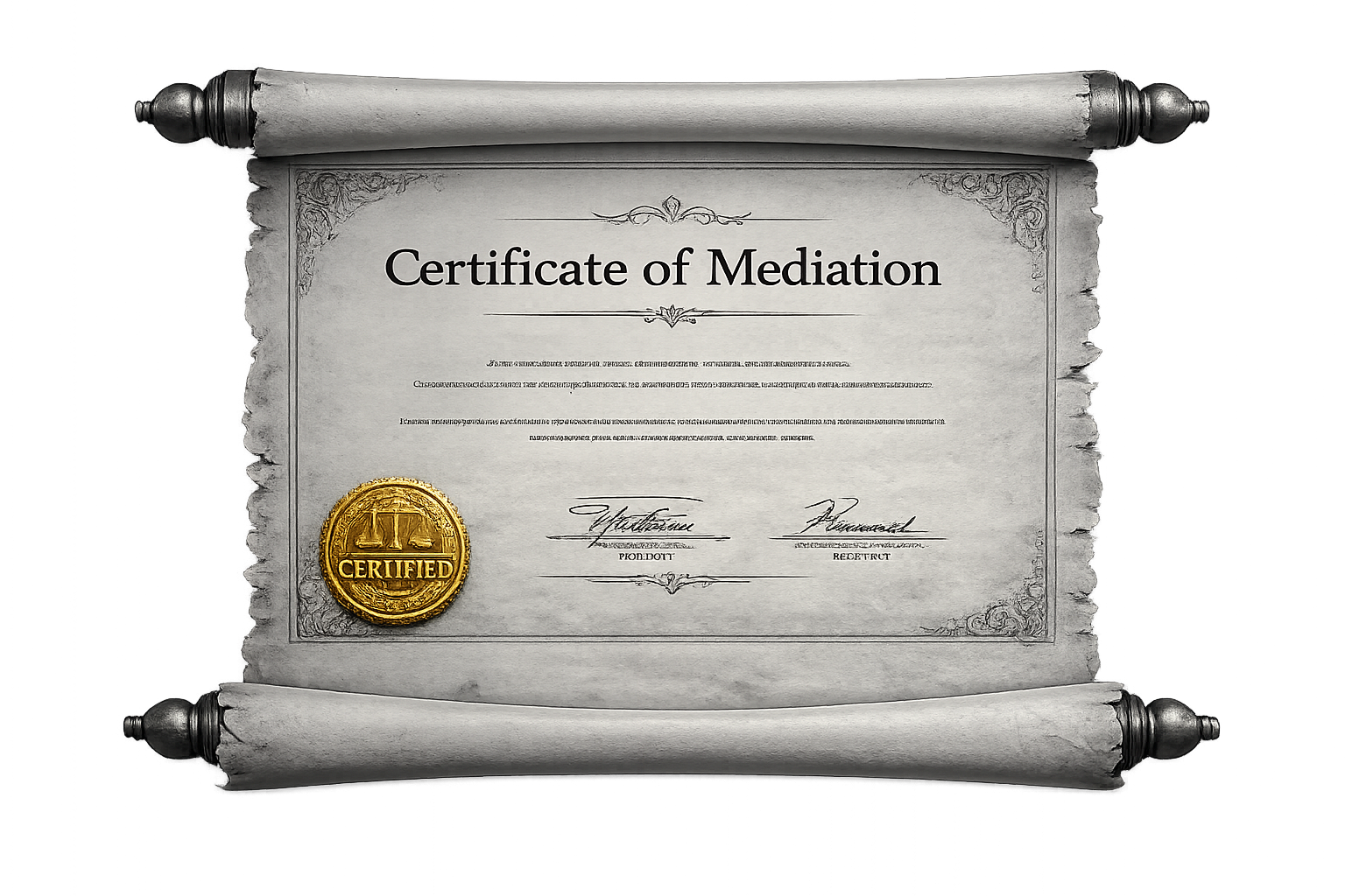 A parchment scroll holding a Certificate of Mediation with a gold certified stamp in the bottom left corner.