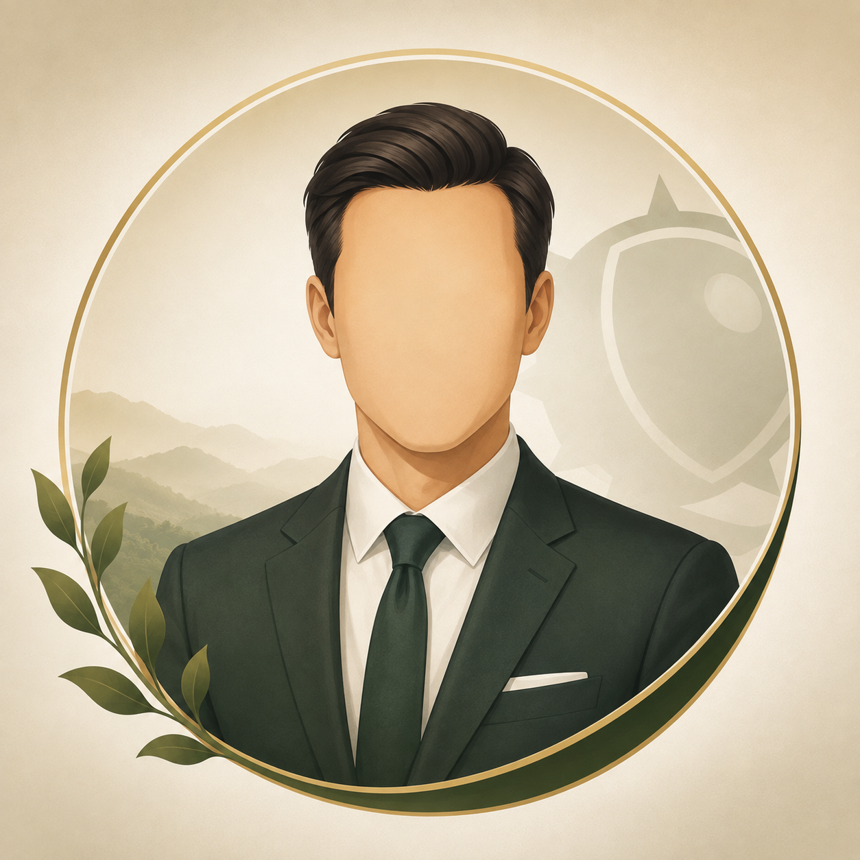 Illustration of a faceless man in a suit with a tie, surrounded by a laurel branch and a faint mountain landscape in the background.