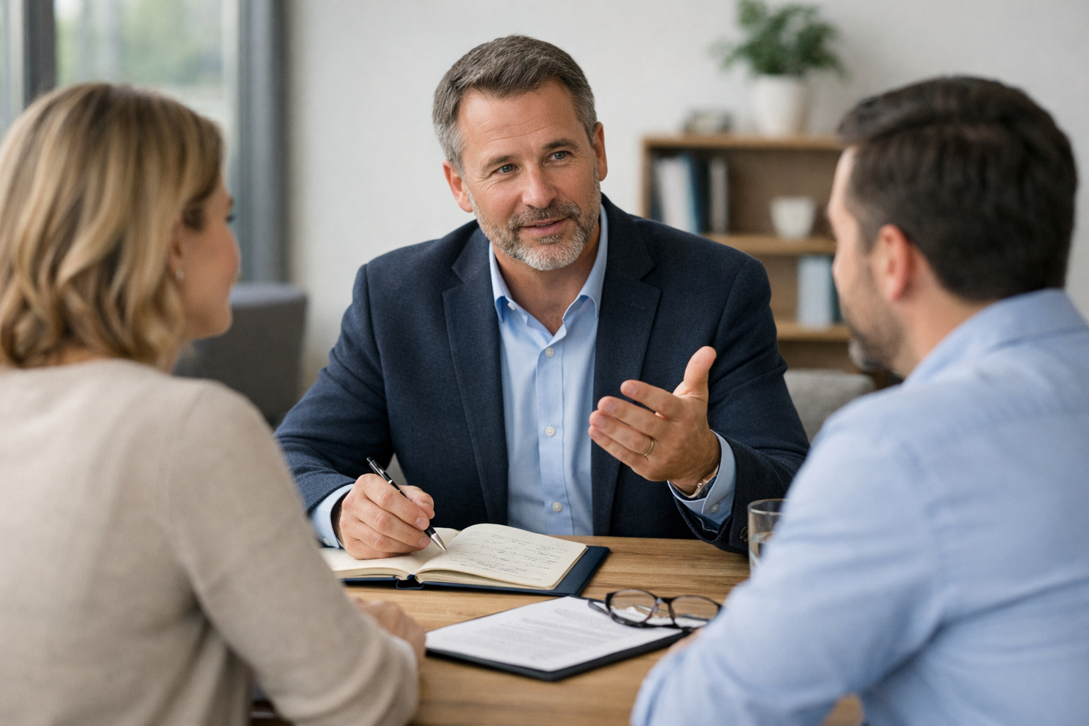 A middle-aged man in a suit speaking to a younger man and woman during a business meeting in an office.