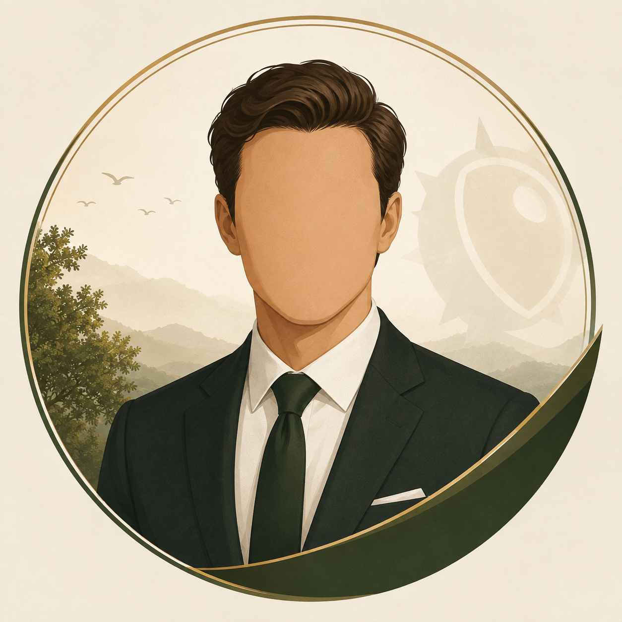 Illustration of a faceless man in a black suit and tie with a scenic background of mountains, trees, and birds.