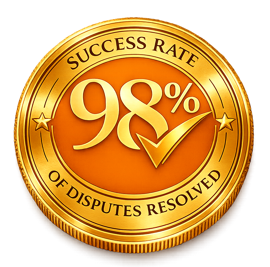 Gold medal or badge indicating a 98% success rate of disputes resolved.