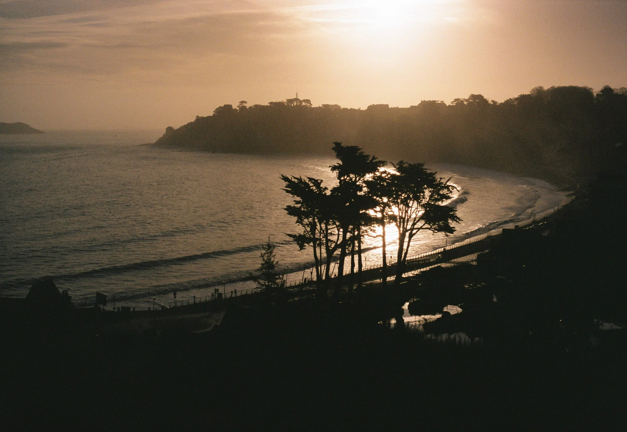 Coucher de soleil sur la mer avec des silhouettes d'arbres et une colline à l'horizon, ambiance paisible et naturelle.