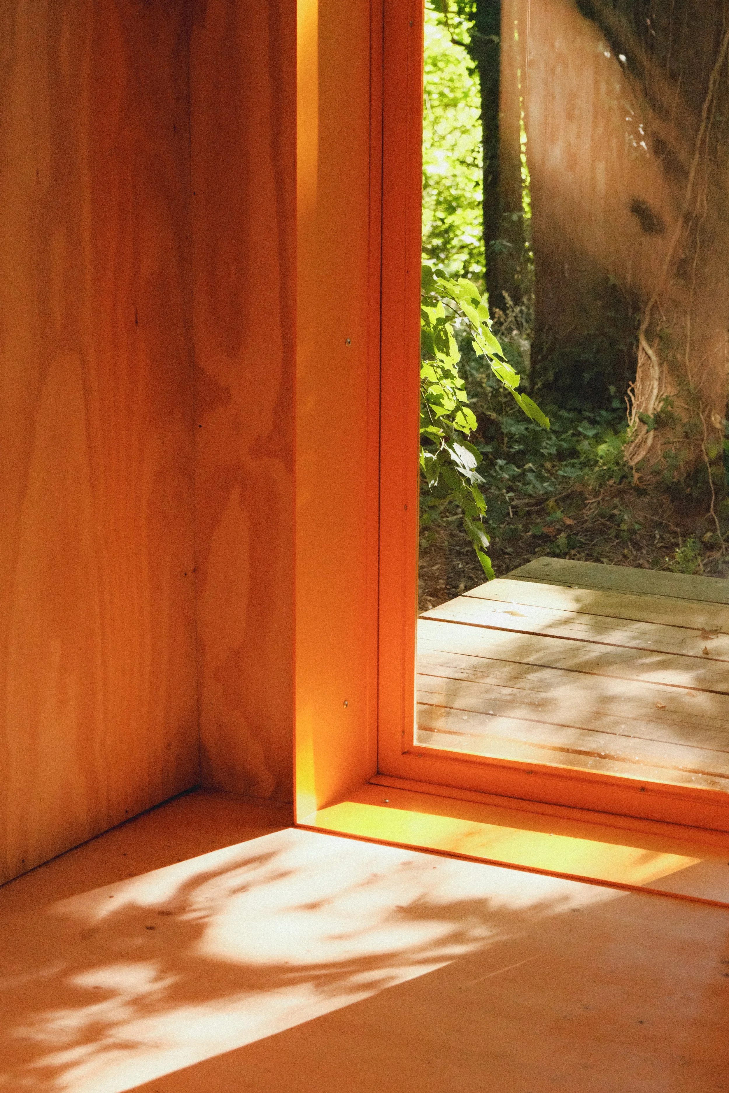 Vue depuis l'intérieur d'une pièce en bois avec une grande fenêtre qui donne sur un espace extérieur avec des arbres et des feuilles vertes sur un sol en bois.