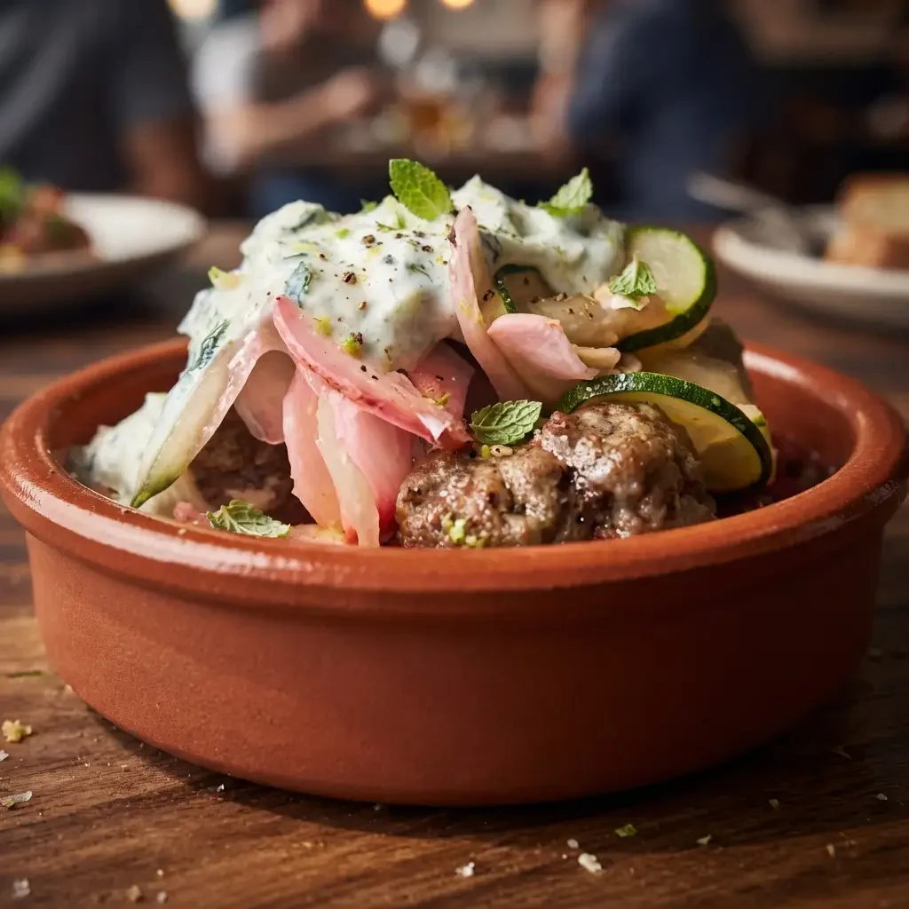 A bowl of Mexican tlayudas topped with cucumber, pickled onions, sour cream, and herbs.