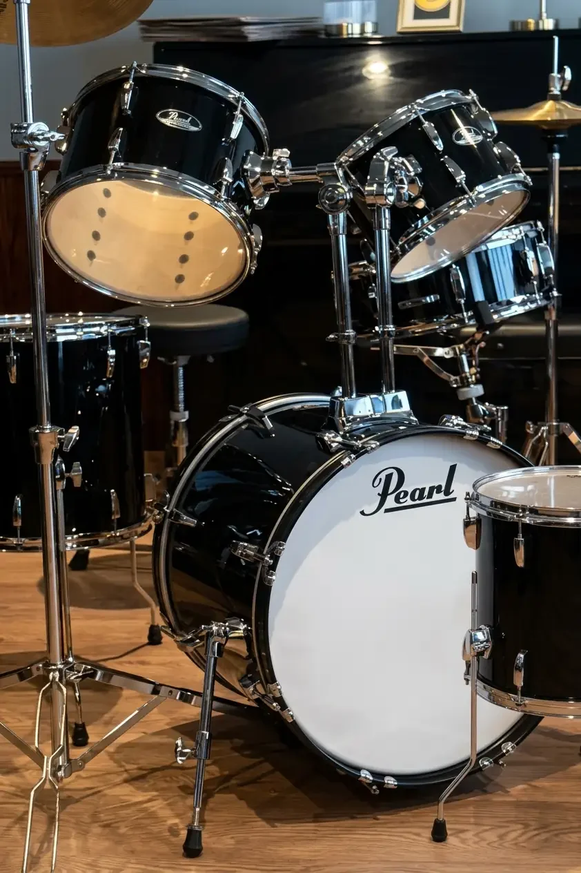 Black Pearl drum set with chrome hardware on a wooden floor, set up in a room with a black piano and some wall decor in the background.