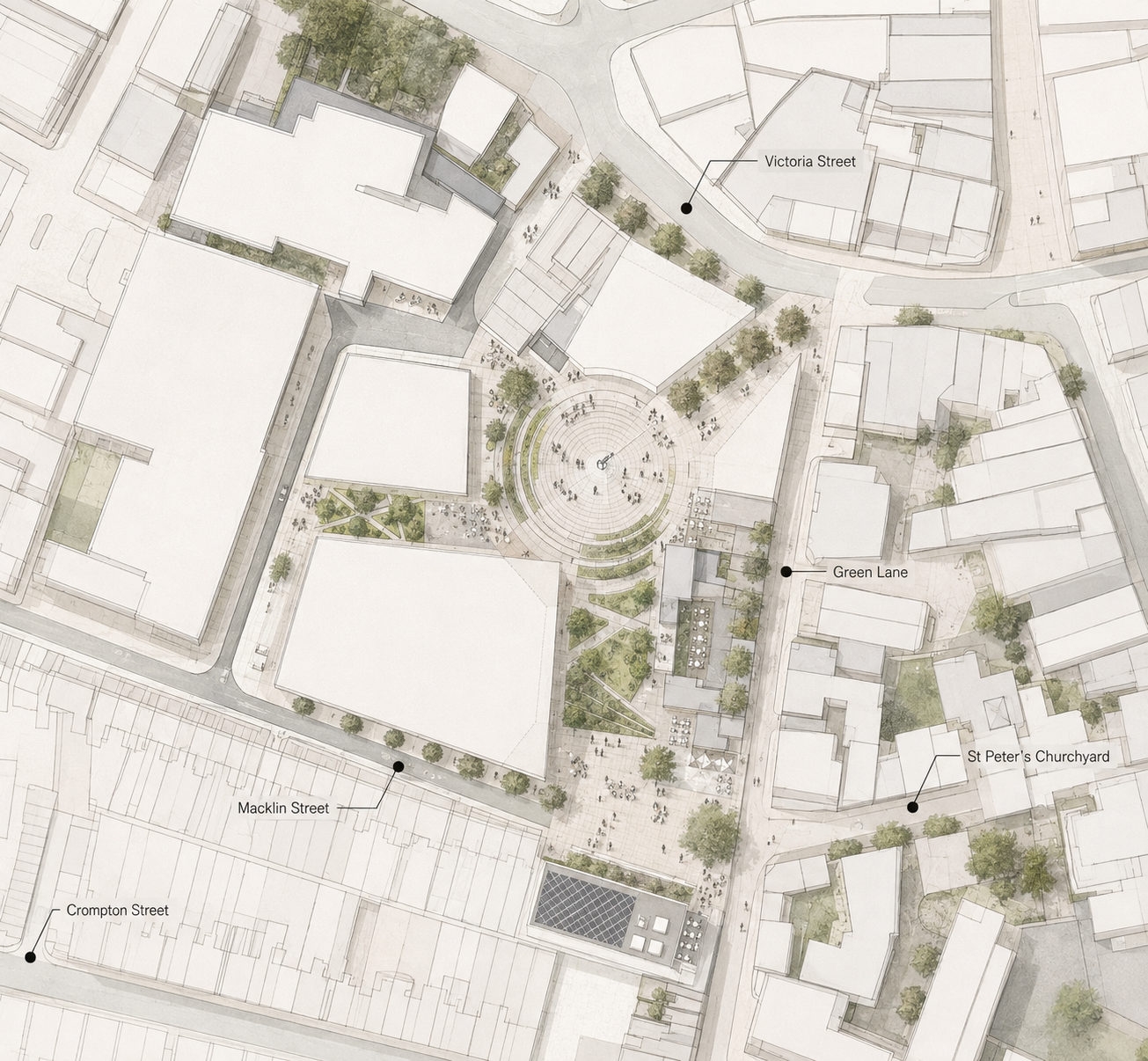 A detailed urban planning map showing streets, buildings, and public spaces. Streets labeled include Victoria Street, Green Lane, Macklin Street, Crompton Street, and St. Peter's Churchyard. The map highlights a central circular plaza with trees and seating, surrounded by various structures and green areas.