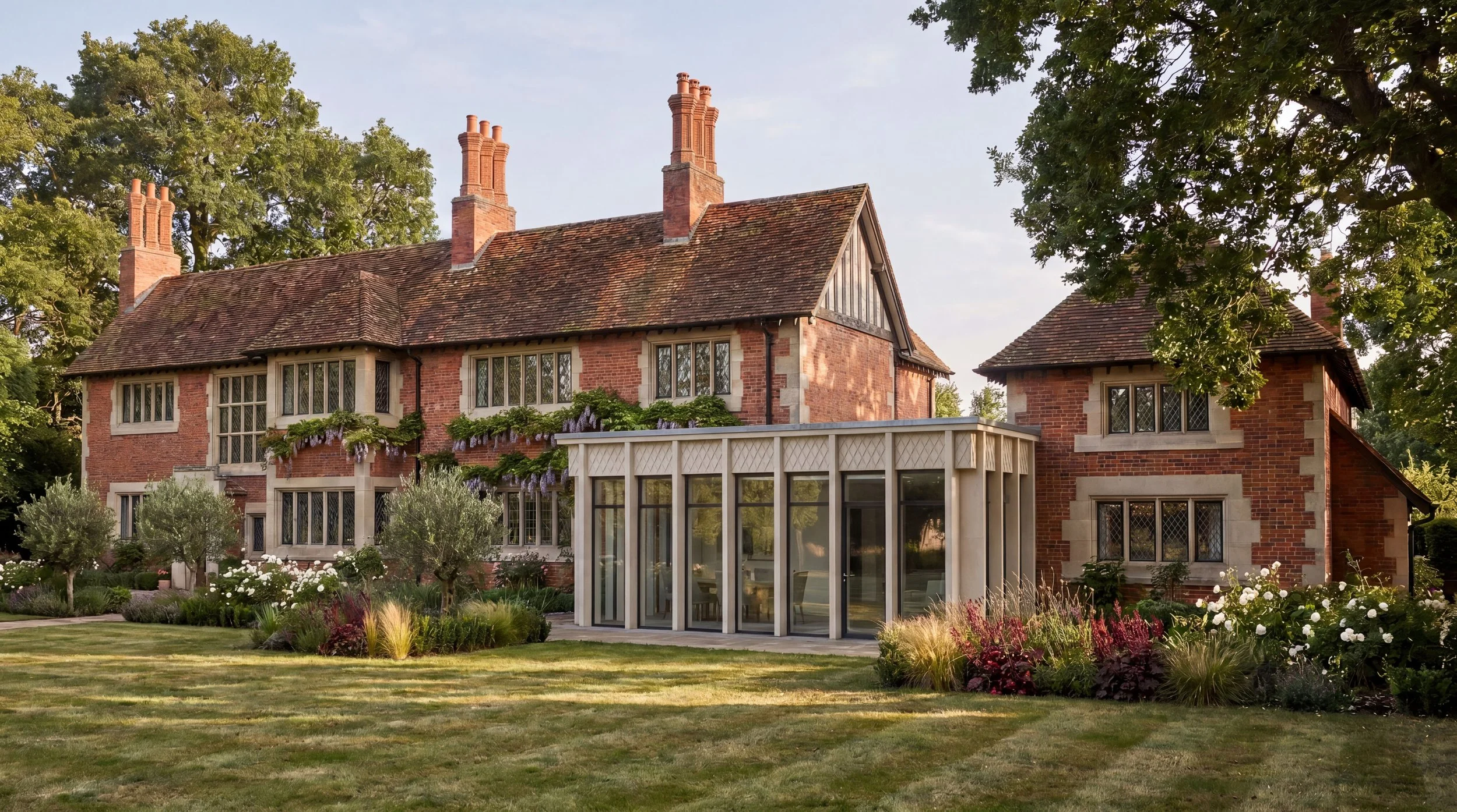 Large brick house with multiple chimneys, surrounded by well-maintained garden with flowering plants, small trees, and a glass conservatory extension, under a clear sky.