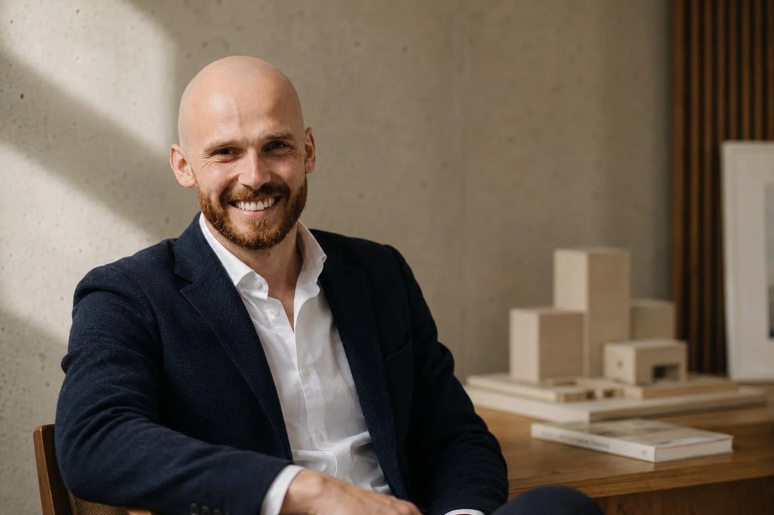 A smiling man in a dark blazer and white shirt sitting at a wooden table with architectural models and books in the background.