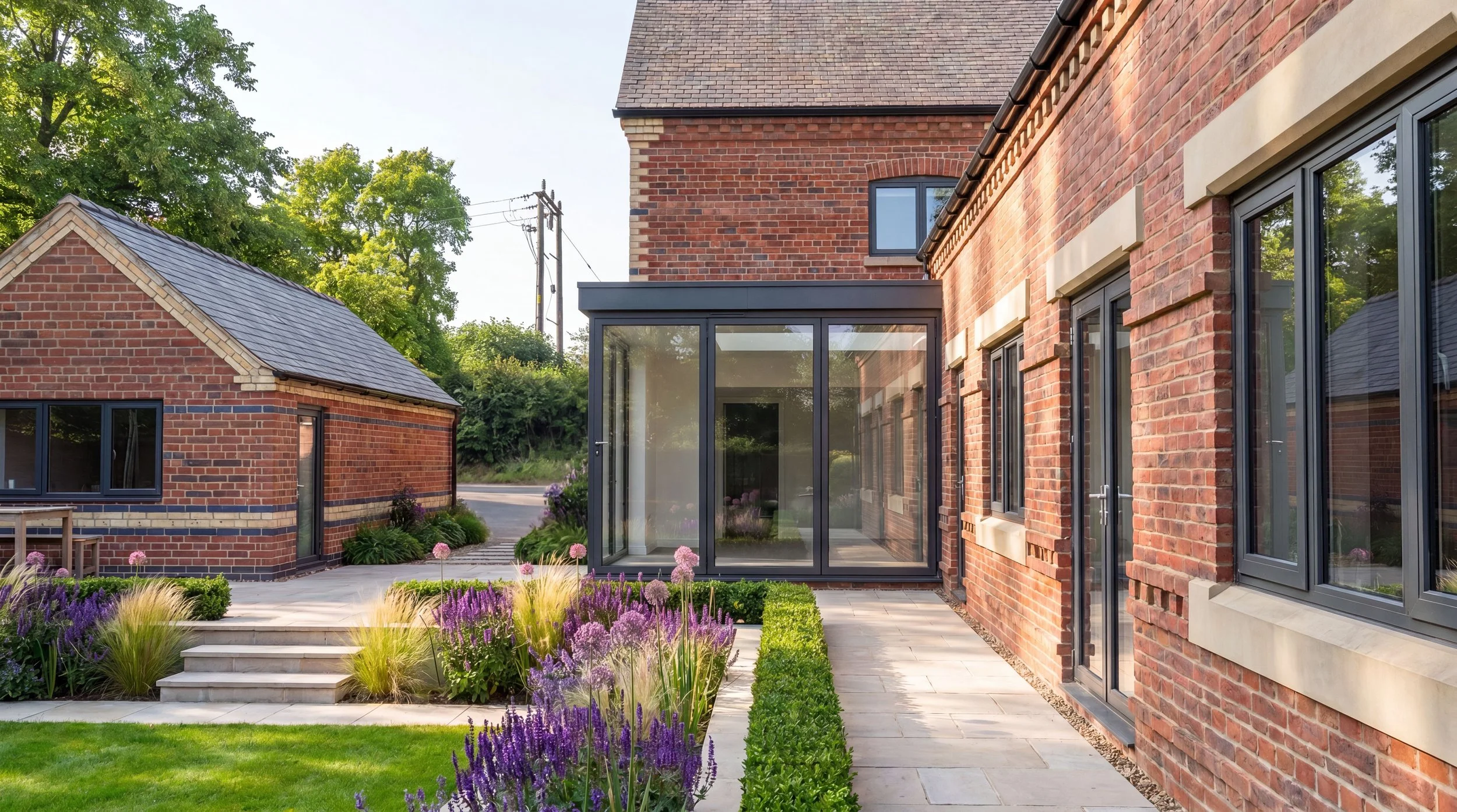 A modern large format glazed linked between a traditional victorian house and a new brick extension with detailed brick design including banding, corbeling and stone surrounds, adjacent to a well-maintained lawn and flower beds.