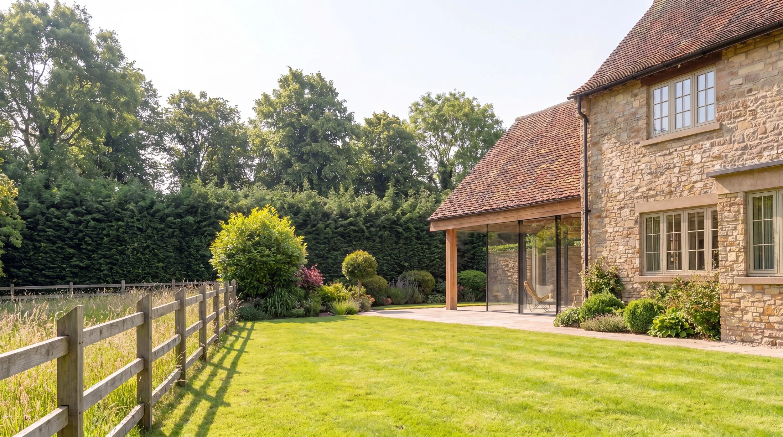 A stone house with a red-tiled roof and large windows, surrounded by lush green gardens, trees, and a wooden fence on a sunny day.