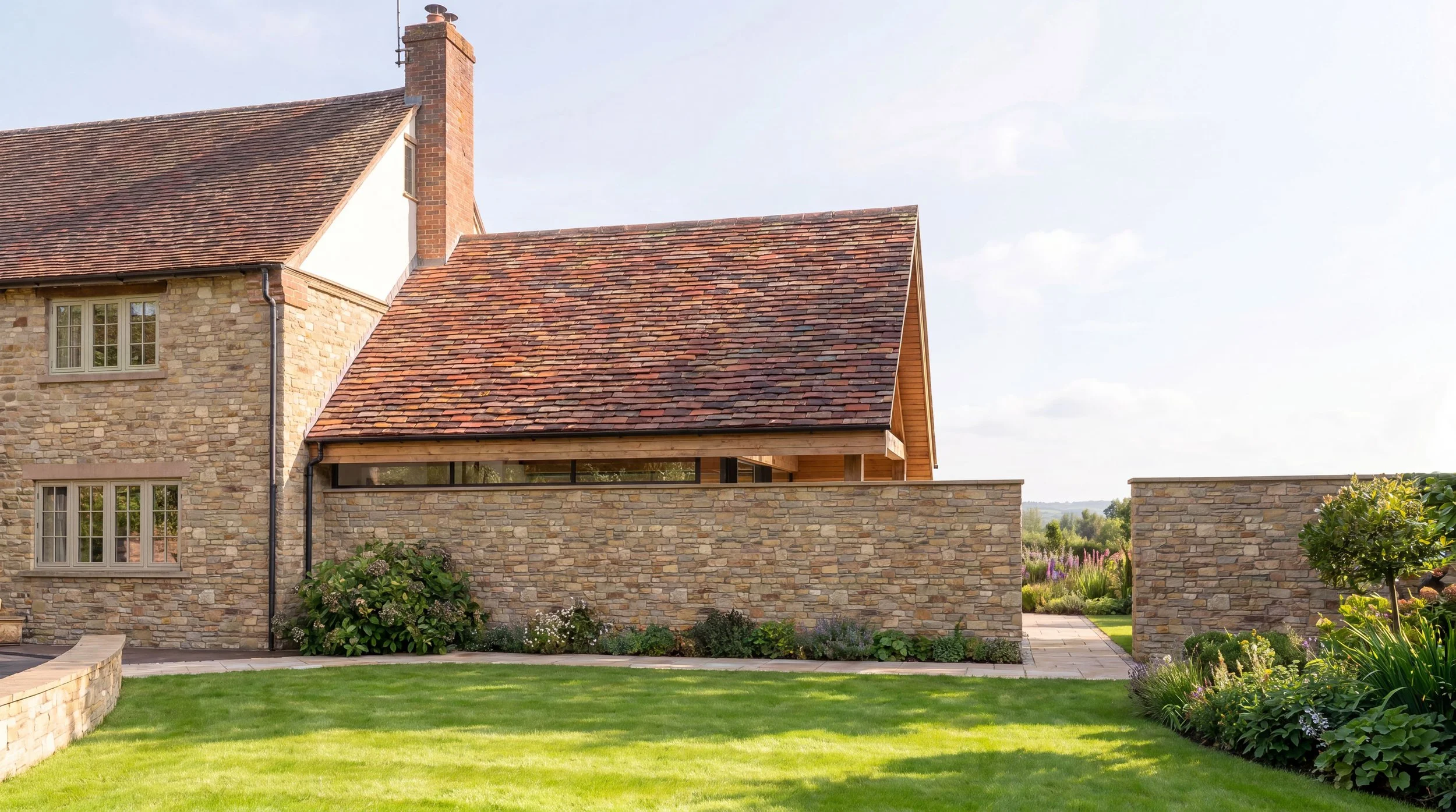 A house with a stone brick exterior, large windows, and a red tile roof, with a landscaped garden and a pathway in the foreground.