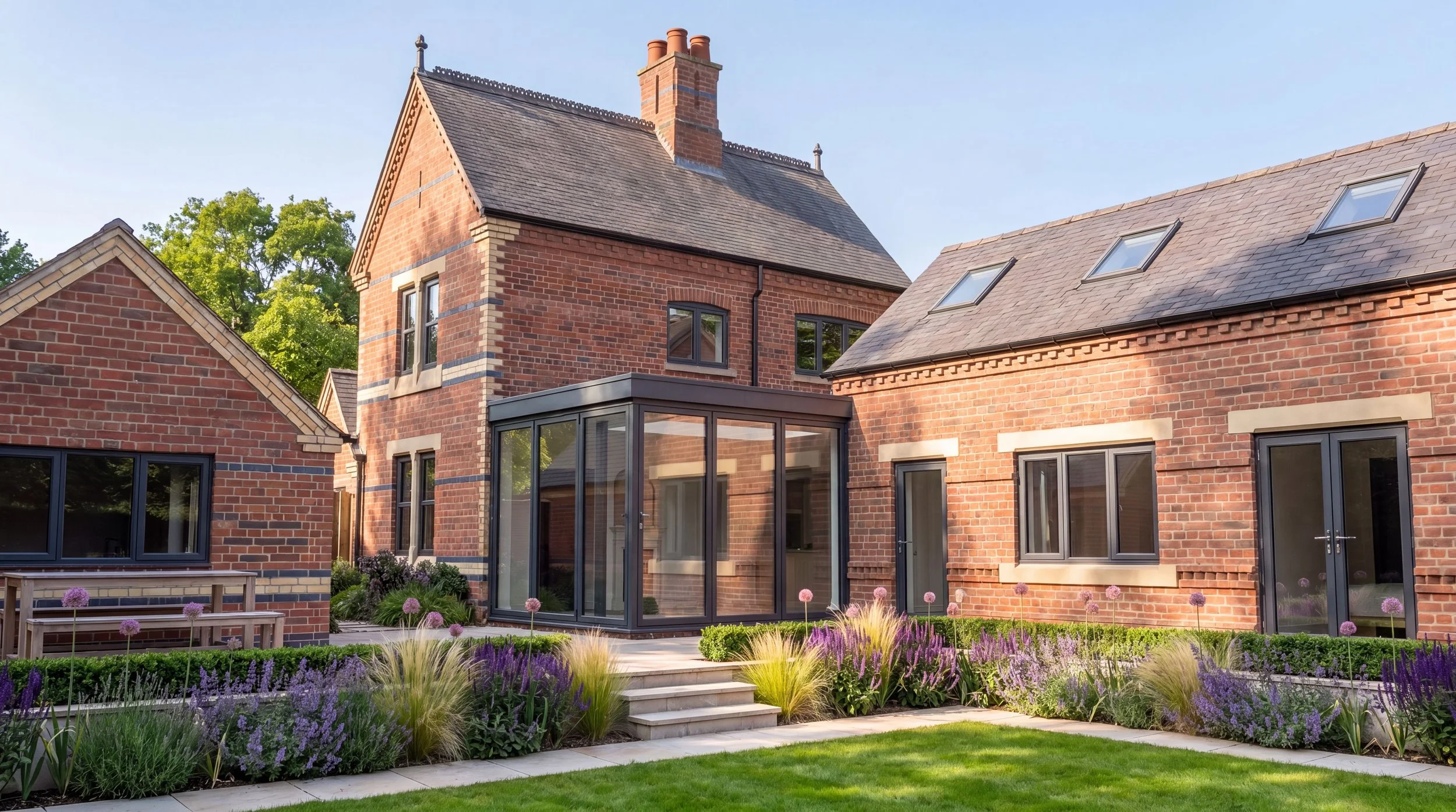 A brick house with a modern extension featuring large windows and a garden with purple flowers.