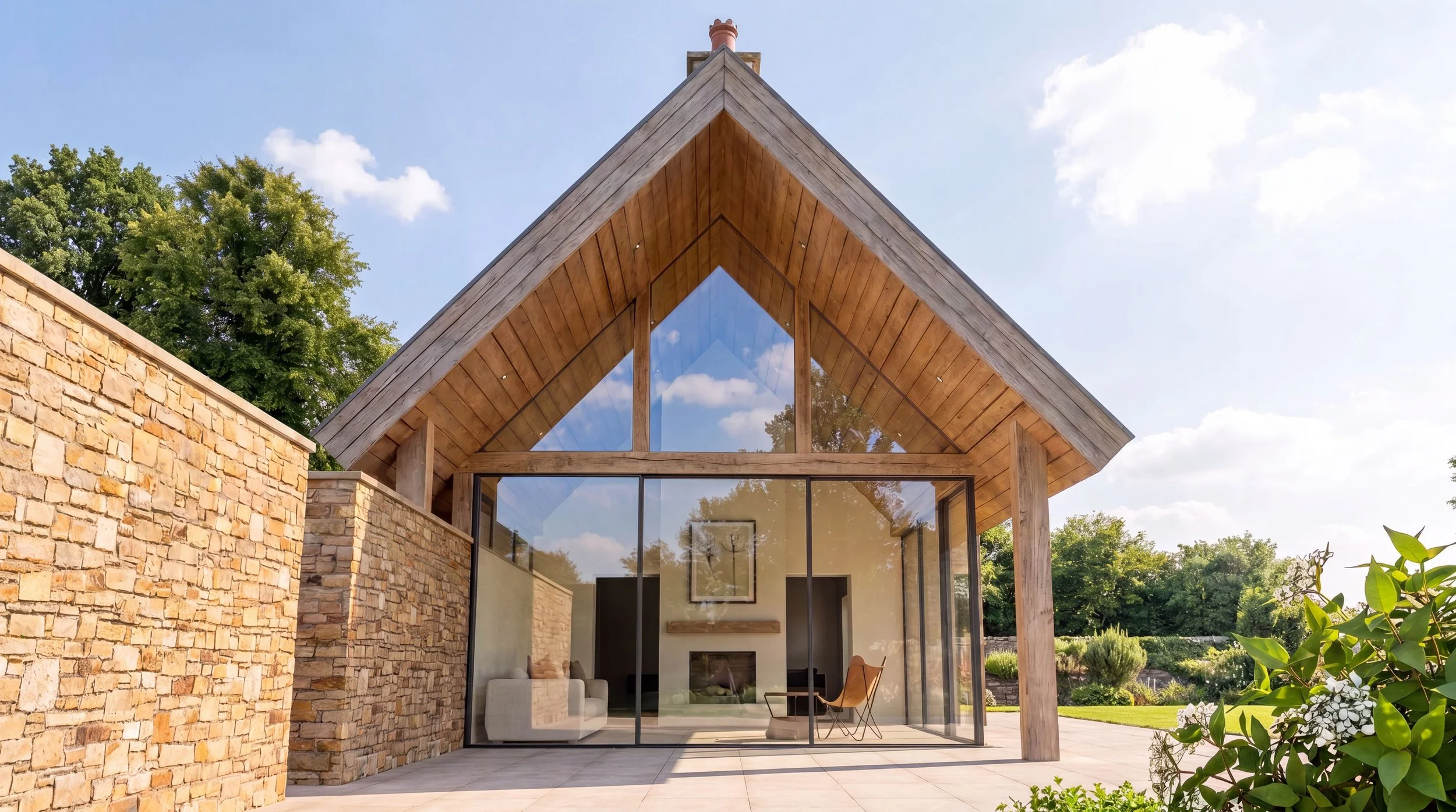 Modern house with large glass doors, stone walls, and a steeply pitched wooden roof, set in a lush green garden with trees and blue sky
