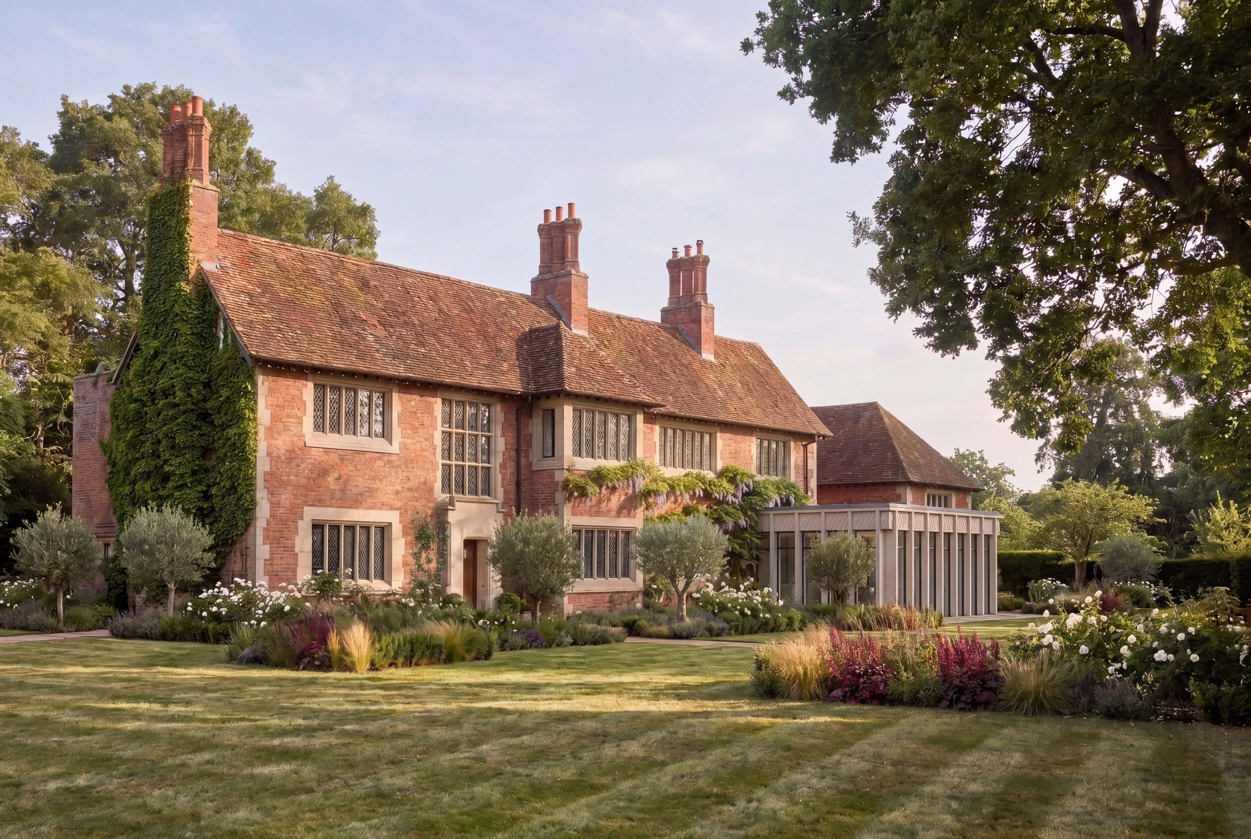A large brick house with a sloped roof, multiple chimneys, and arched windows, surrounded by a well-maintained garden with various flowers and trees, under a partly cloudy sky.