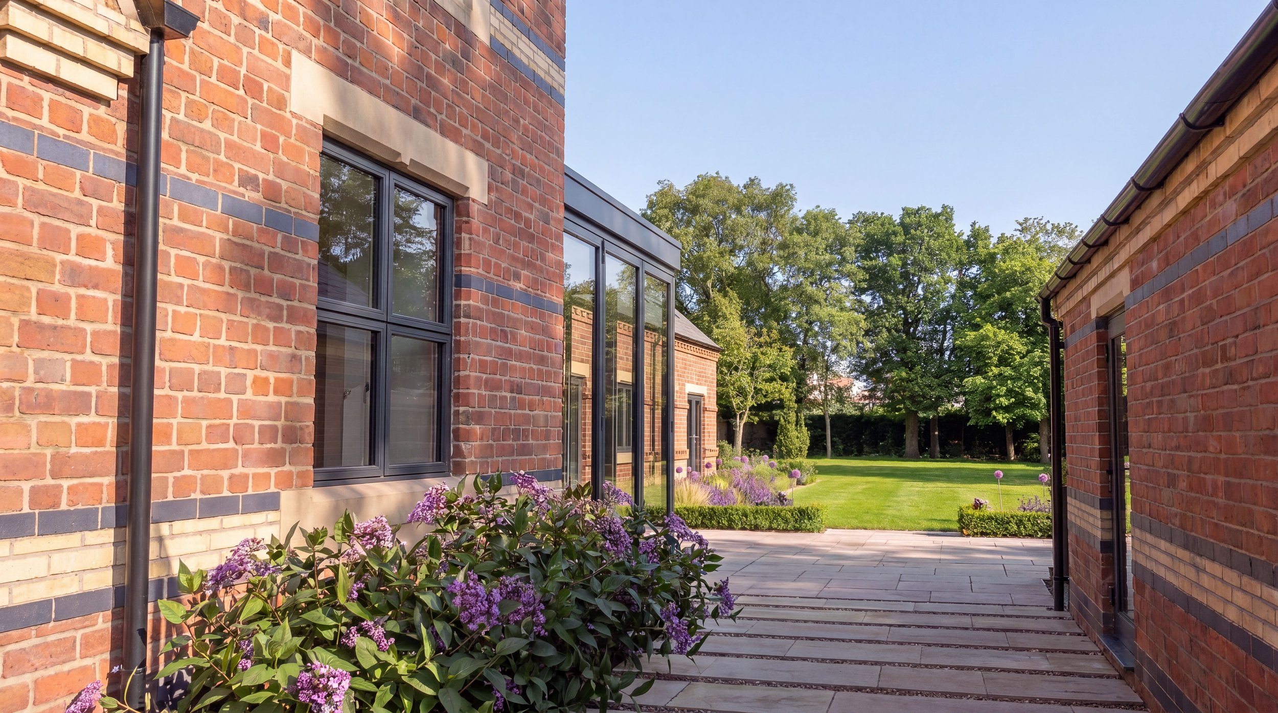 View of a modern brick house with large windows, a brick patio, and a well-maintained garden with flowers and trees under a clear blue sky.