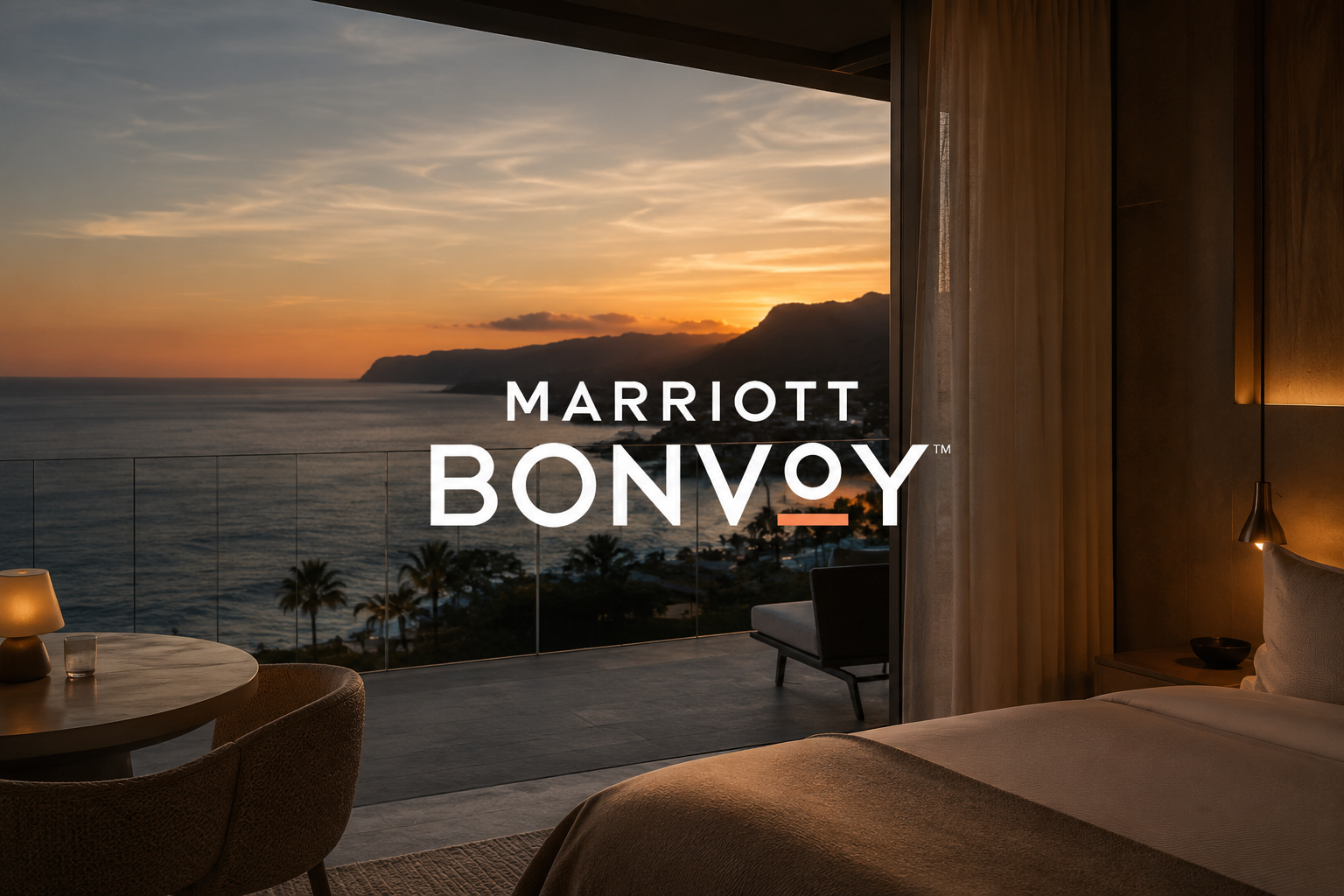 Hotel room with a sunset view of the ocean, mountains, and palm trees, Marriott Bonvoy branding visible on the image.