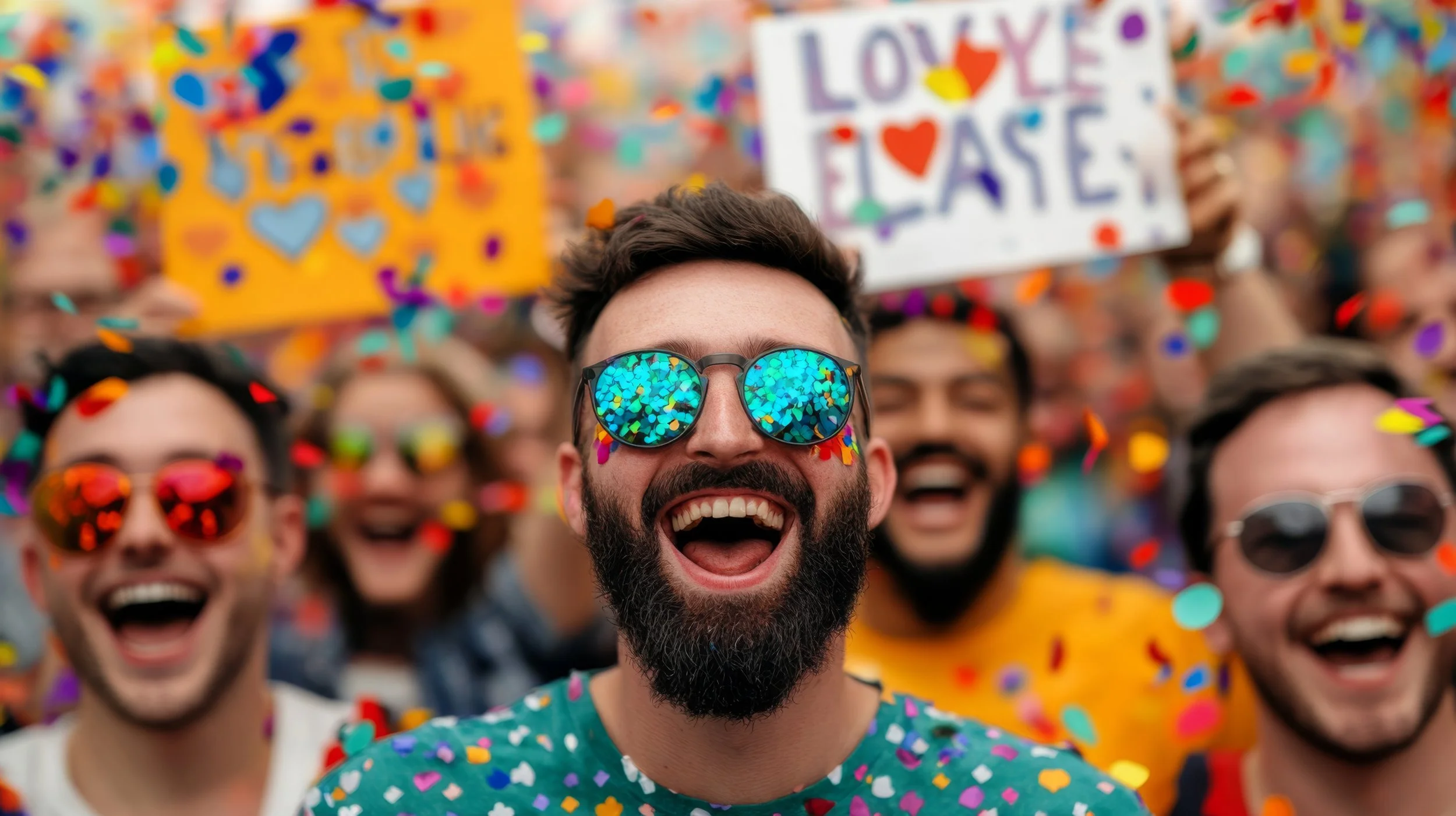 A group of people celebrating with colorful confetti, many wearing sunglasses, and smiling. The person in the foreground has a beard and is wearing reflective sunglasses and a shirt with colorful patterns.