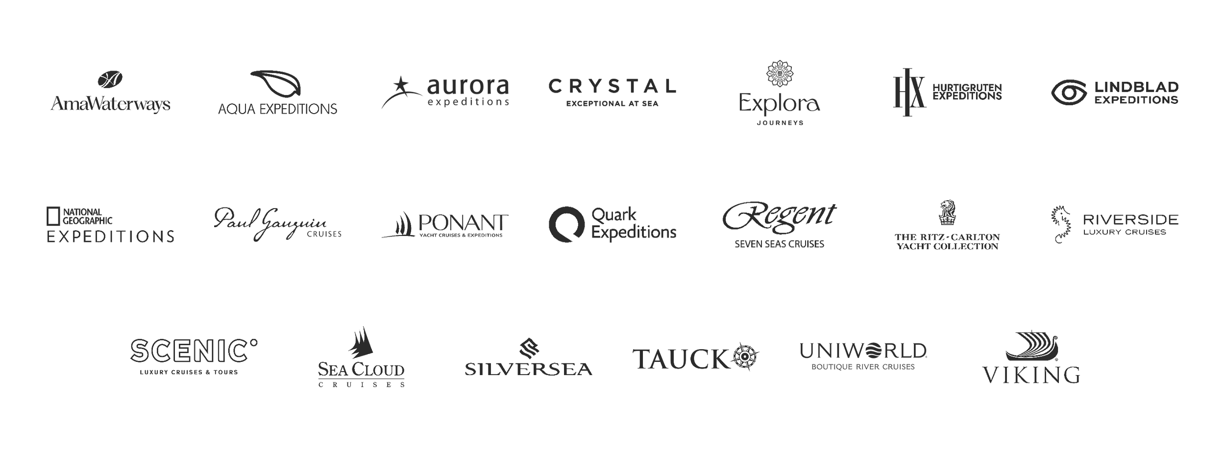 Various company logos related to cruises and expeditions, including AmaWaterways, Aqua Expeditions, Aurora Expeditions, Crystal, Explora Journeys, Hurtigruten Expeditions, Lindblad Expeditions, National Geographic Expeditions, Paul Gauguin Cruises, Ponant, Quark Expeditions, Regent Seven Seas Cruises, The Ritz-Carlton Yacht Collection, Riverside Luxury Cruises, Scenic Luxury Cruises & Tours, Sea Cloud Cruises, Silversea, Tauck, Uinworld Boutique River Cruises, Viking.