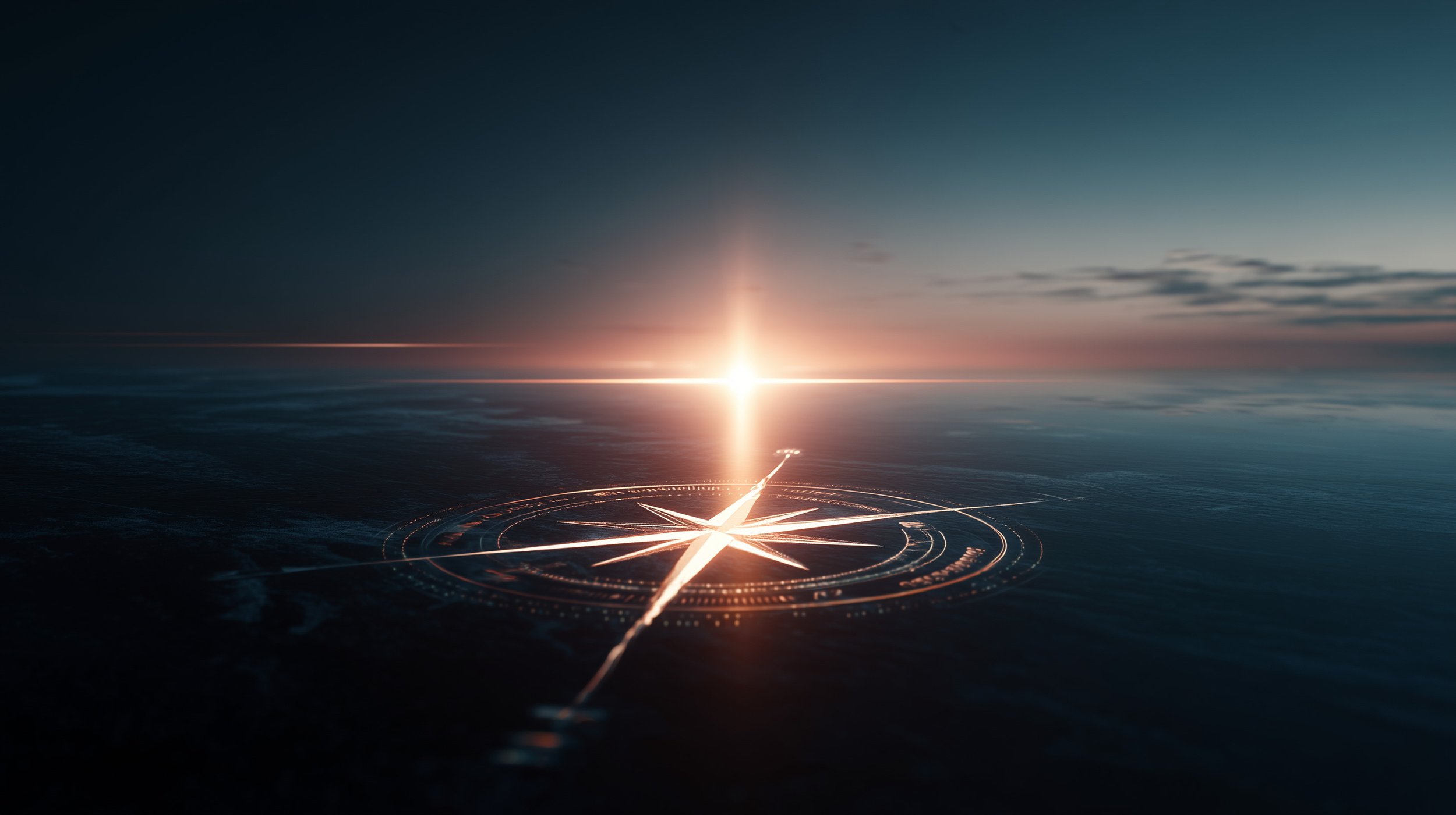 A futuristic digital compass or navigation interface over the ocean at sunset, with a bright light at its center and circular digital markings.