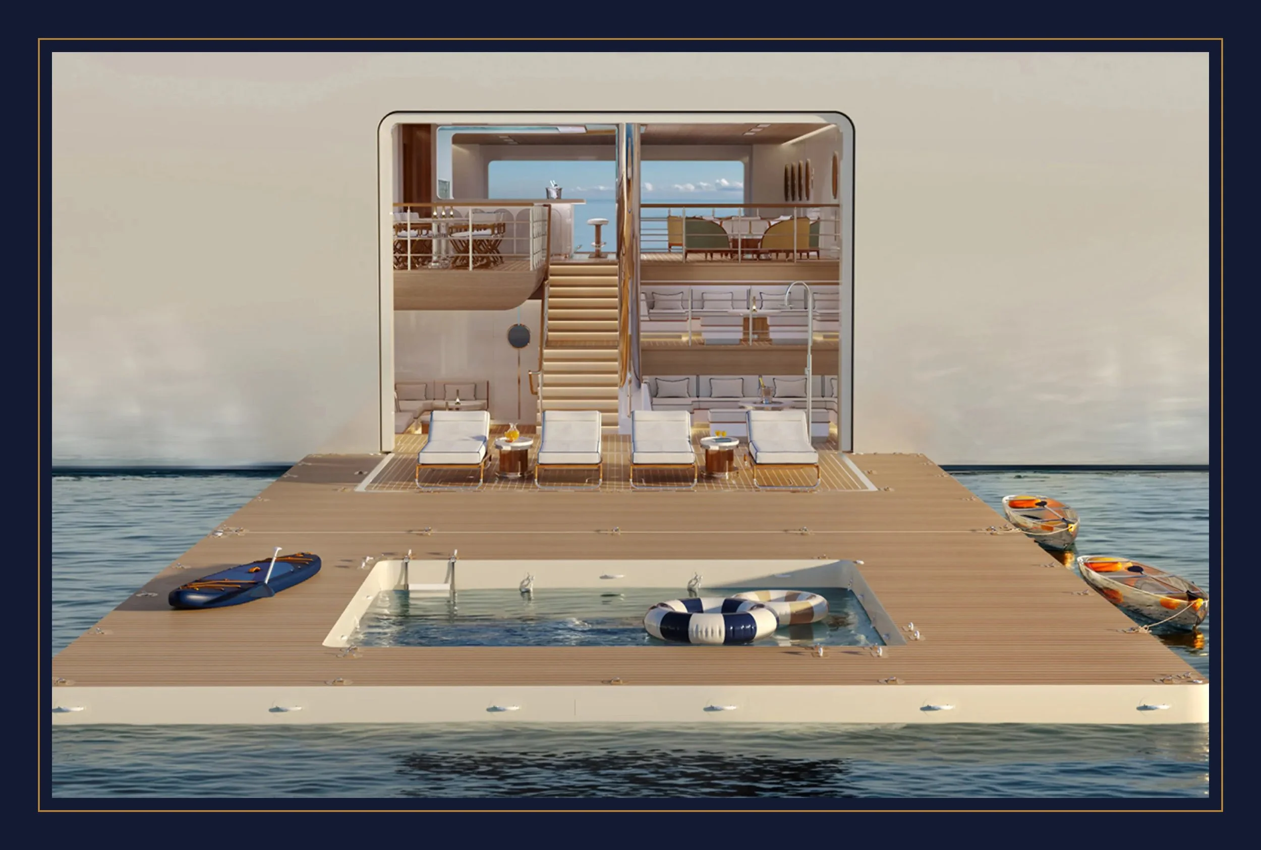 A luxury houseboat with multiple decks floating on water. The lower deck has lounge chairs and small tables, while the upper deck features a seating area with chairs and a dining table, overlooking the ocean.
