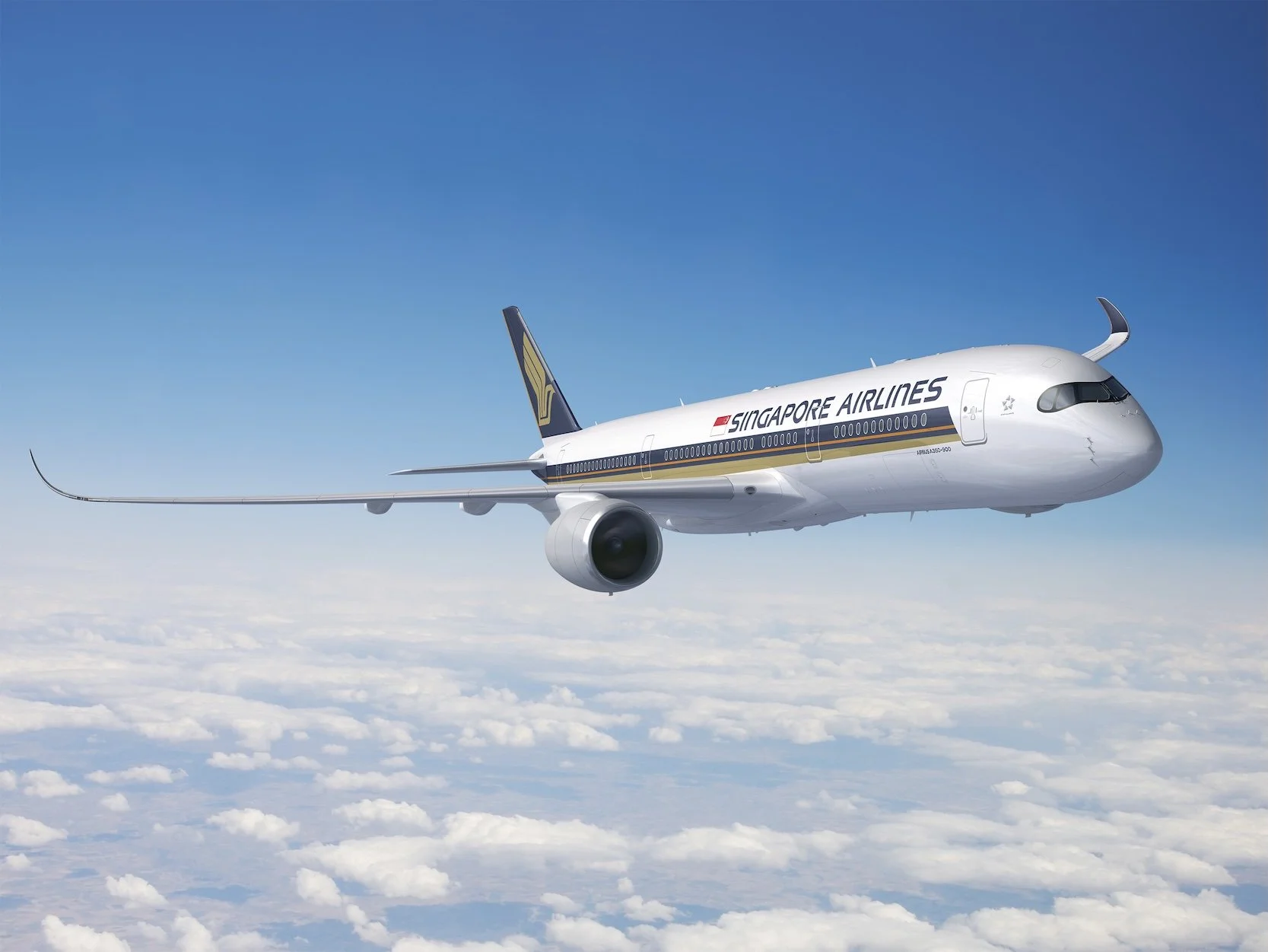 A Singapore Airlines airplane flying high above the clouds in a clear blue sky.