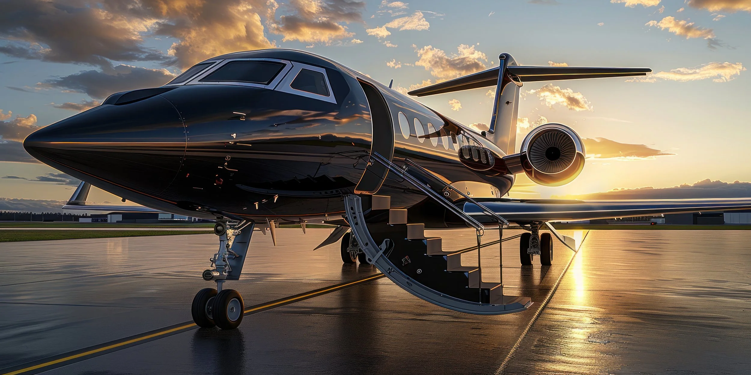 A sleek, black private jet parked on an airport tarmac at sunset, with stairs leading to the aircraft door and the sky filled with clouds illuminated by the setting sun.