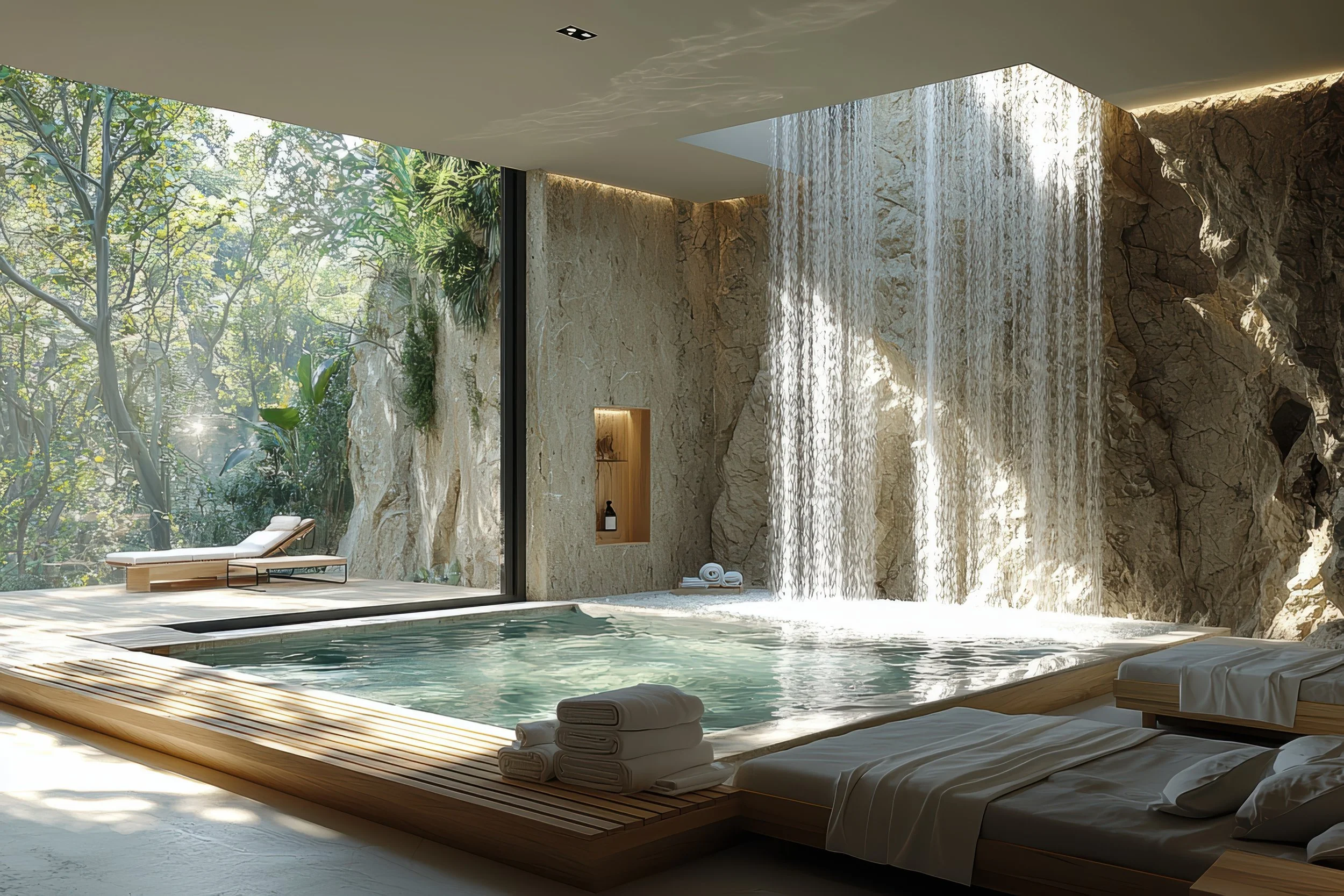 Indoor pool room with large window showing lush green trees outside, waterfall feature against stone wall, towels and lounge chairs nearby, minimalist and natural design.