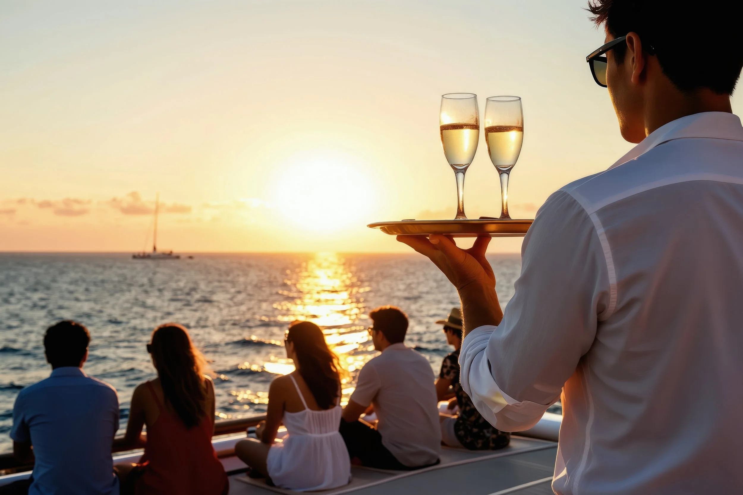 A person holding a tray with two glasses of champagne on a boat at sunset. The boat is on the water, with a sailboat in the distance. Several passengers are seated and enjoying the view.