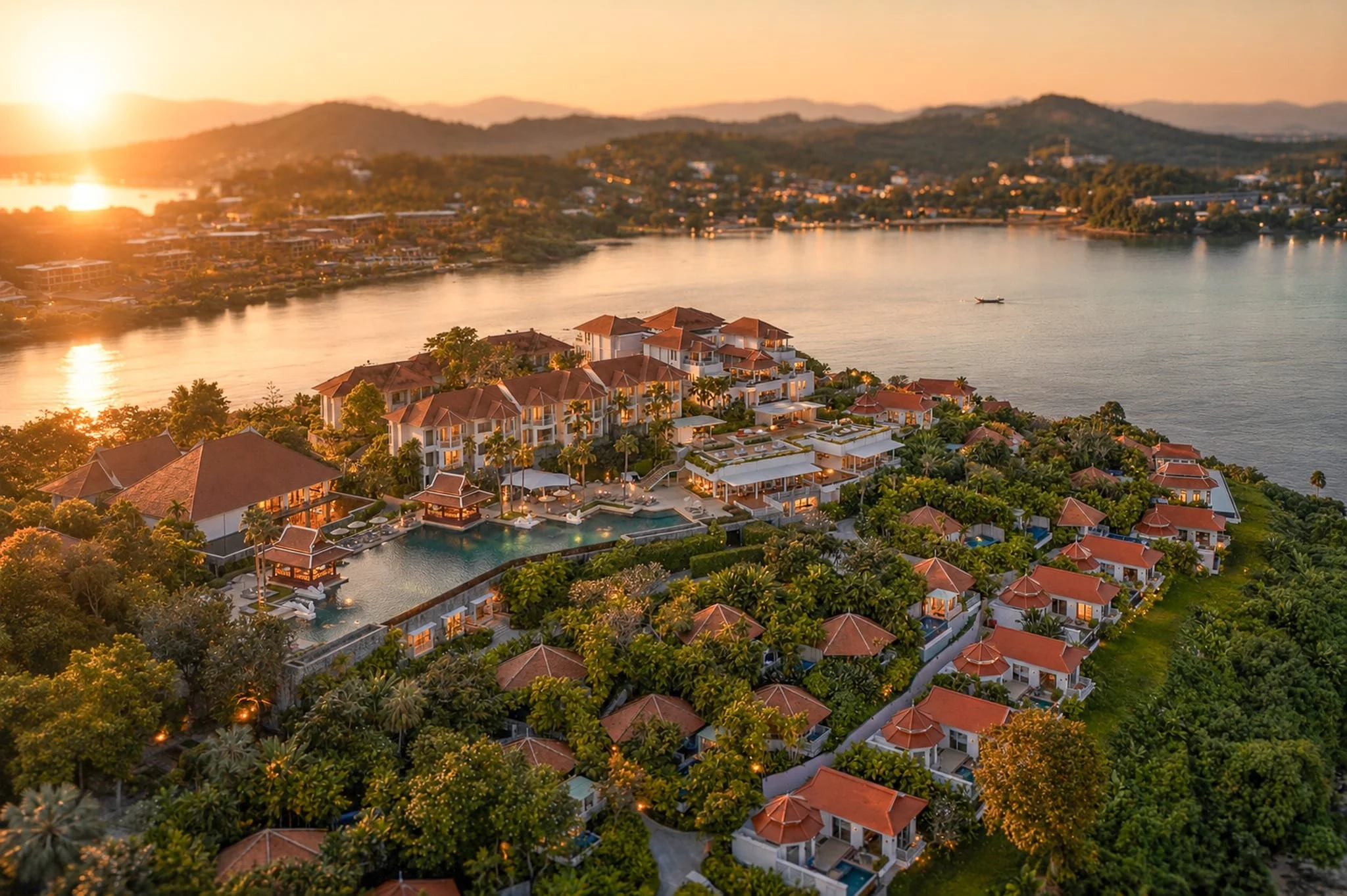 Aerial view of a lakeside resort during sunset, featuring white buildings with red-tiled roofs, a large swimming pool, lush greenery, and mountains in the background.
