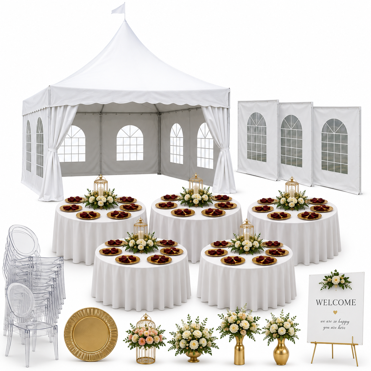 White high-peak event tent with round tables for wedding reception, St. Thomas USVI