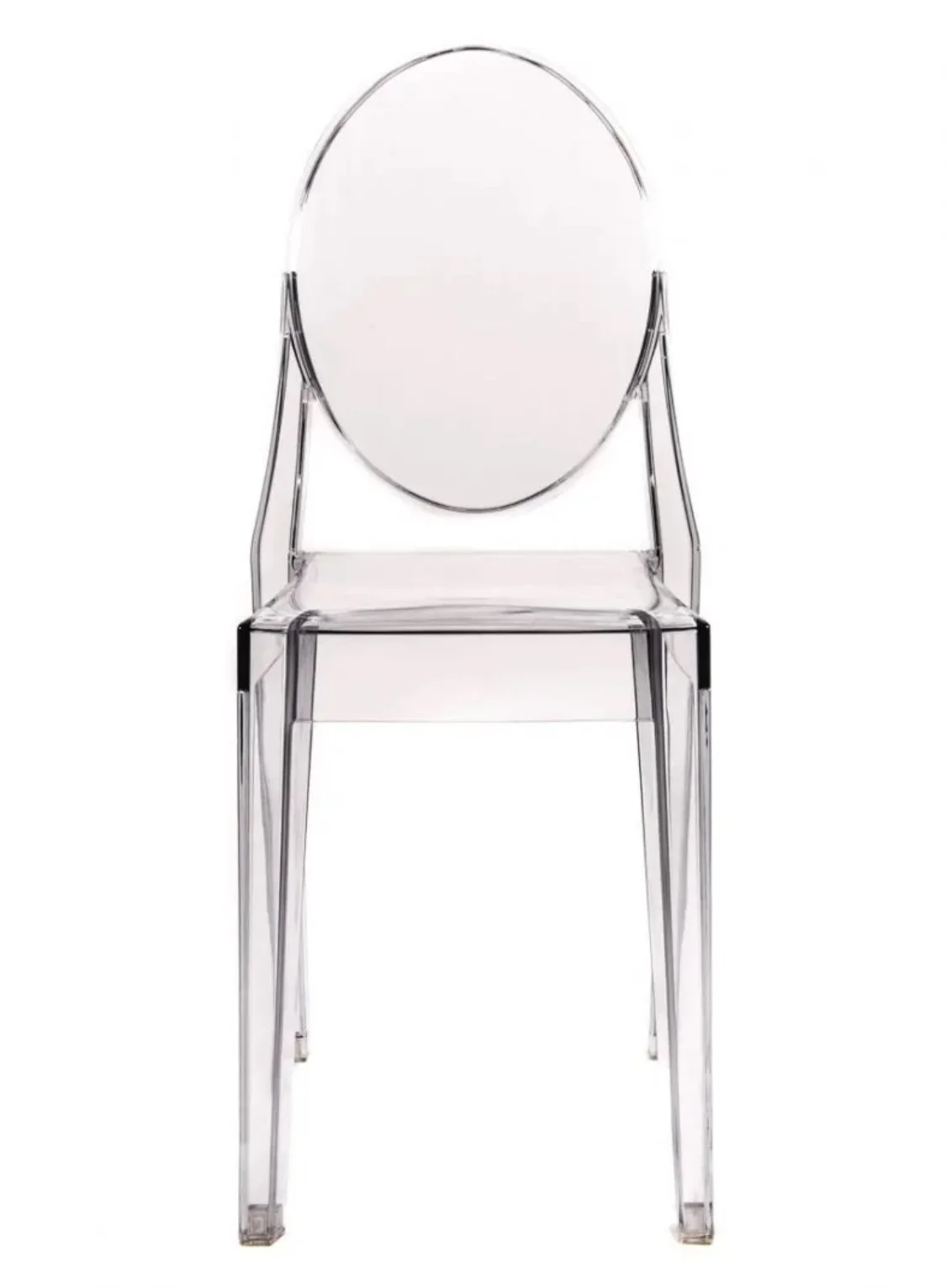 A transparent acrylic chair with a tall, oval backrest and four straight legs.
