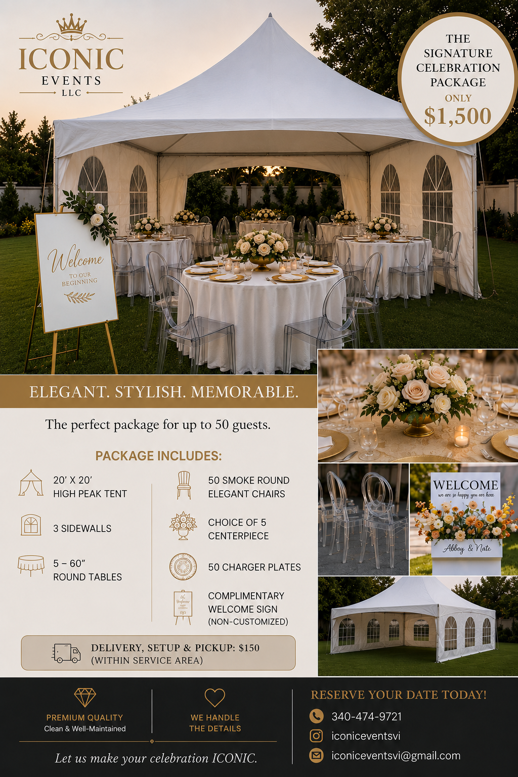 20x20 white event tent setup with round tables, St. Thomas USVI