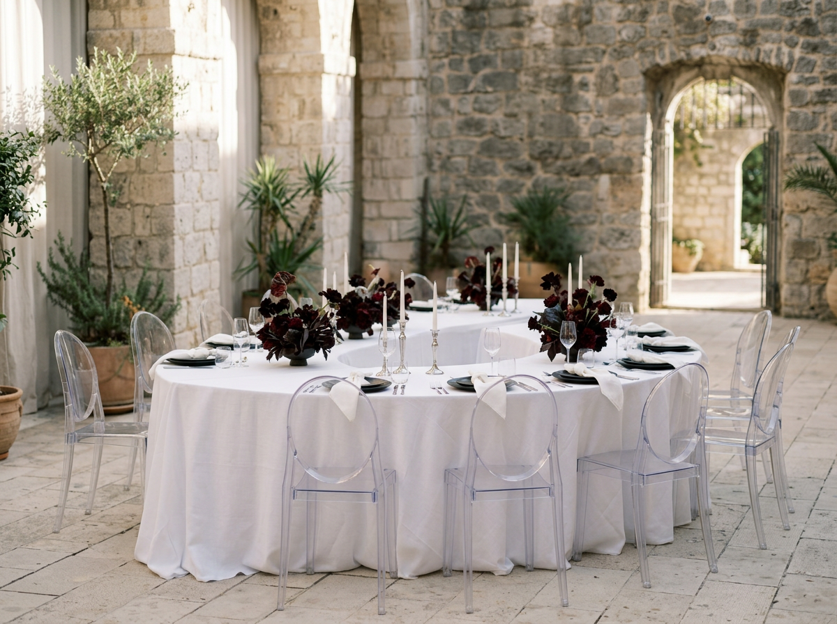 A round dining table with a white tablecloth, black plates, white napkins, and glassware, decorated with dark flower arrangements and tall white candles, set outdoors against stone walls and potted plants.