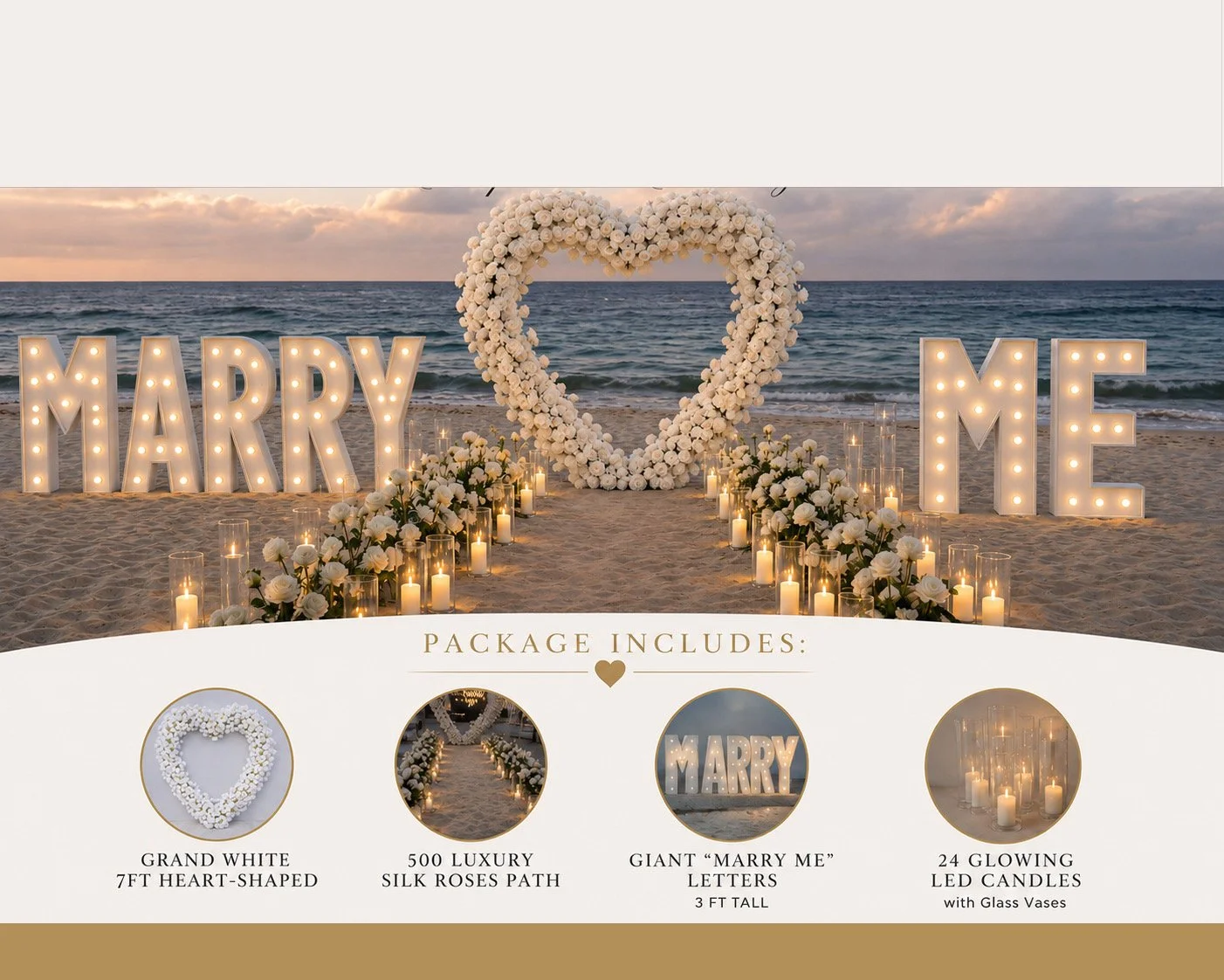 Beach marriage proposal setup with floral heart and MARRY ME letters, sunset