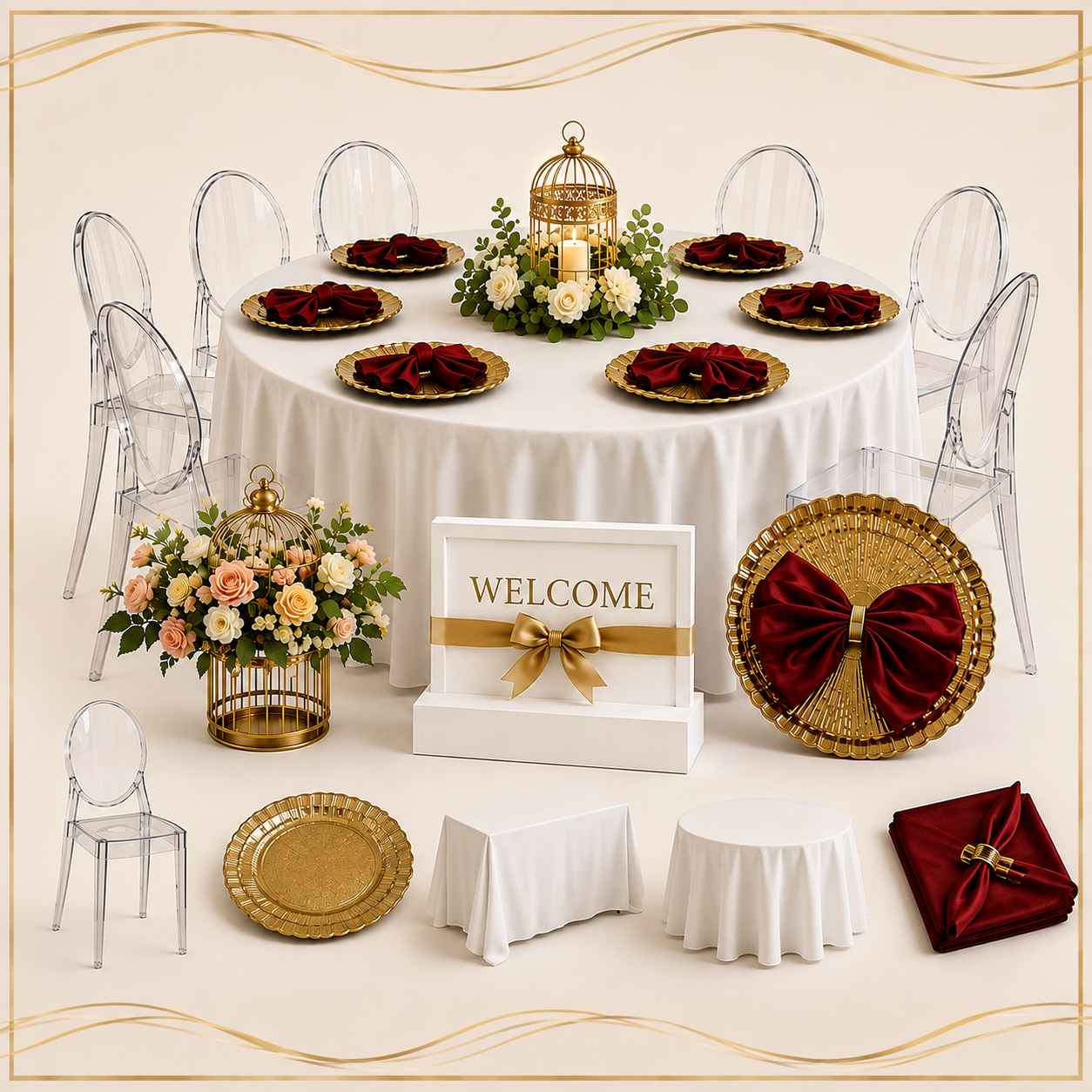 Elegant gold and white table setting with floral centerpiece for celebration