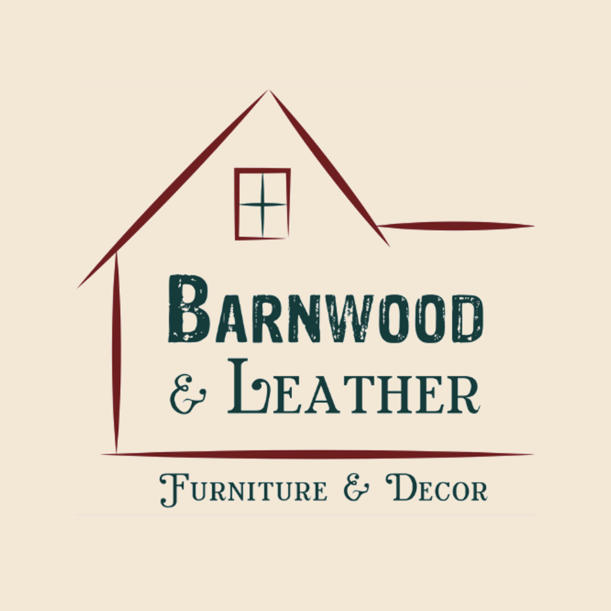 Logo for Barnwood & Leather Furniture & Decor, featuring a stylized house outline with a window, and text in a vintage font.