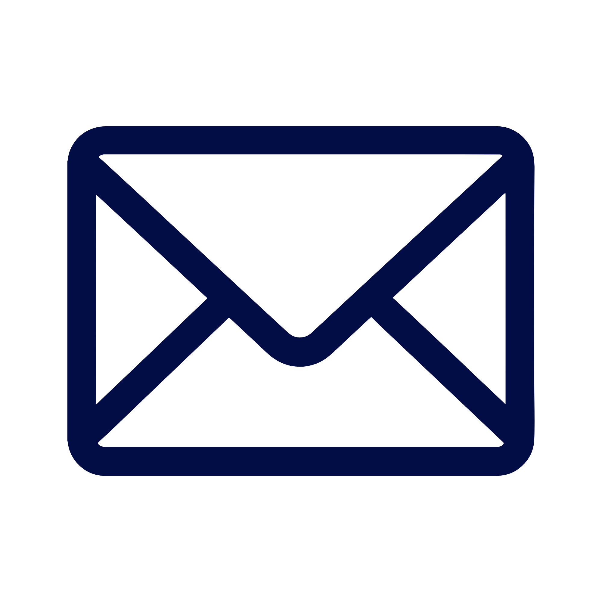 Outline of an envelope with an uppercase 'M' in the center, representing mailing or messaging, in blue and black colors.