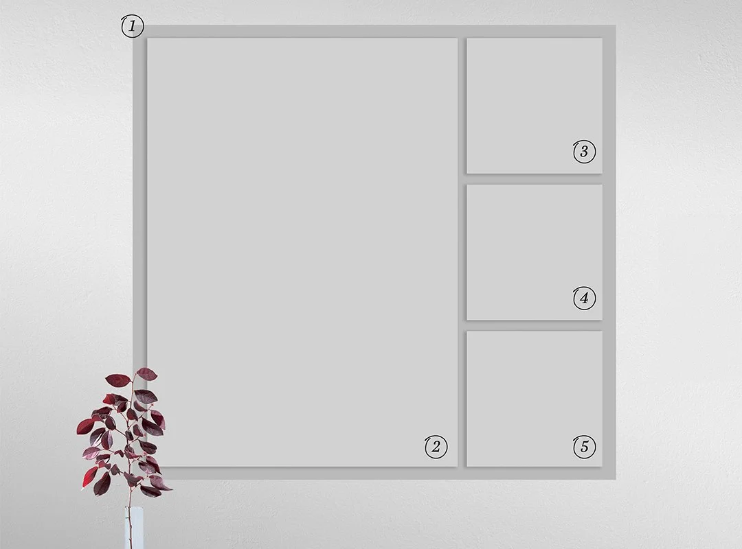 Empty photo display frame with numbered sections and a plant with maroon leaves in the bottom left corner.
