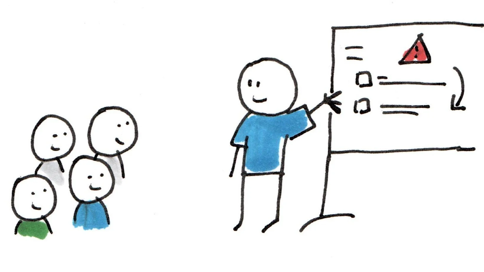 A cartoon drawing of a teacher wearing a blue shirt standing next to a whiteboard with a warning sign and diagrams, pointing at it. Four students with smiling faces sit in front of the teacher, watching the lesson.