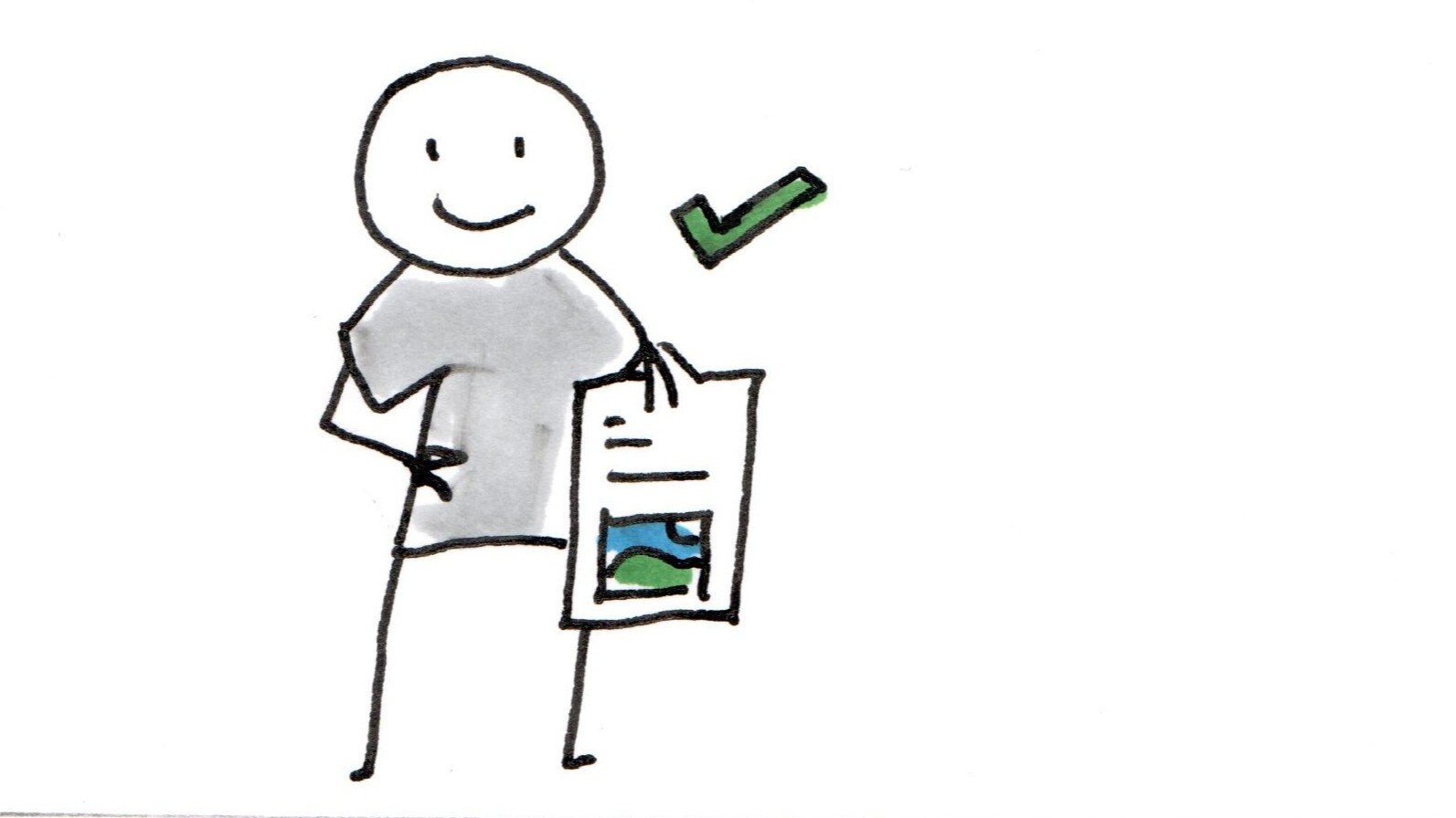 A drawing of a person smiling and holding a box with a nature scene inside, accompanied by a green checkmark.