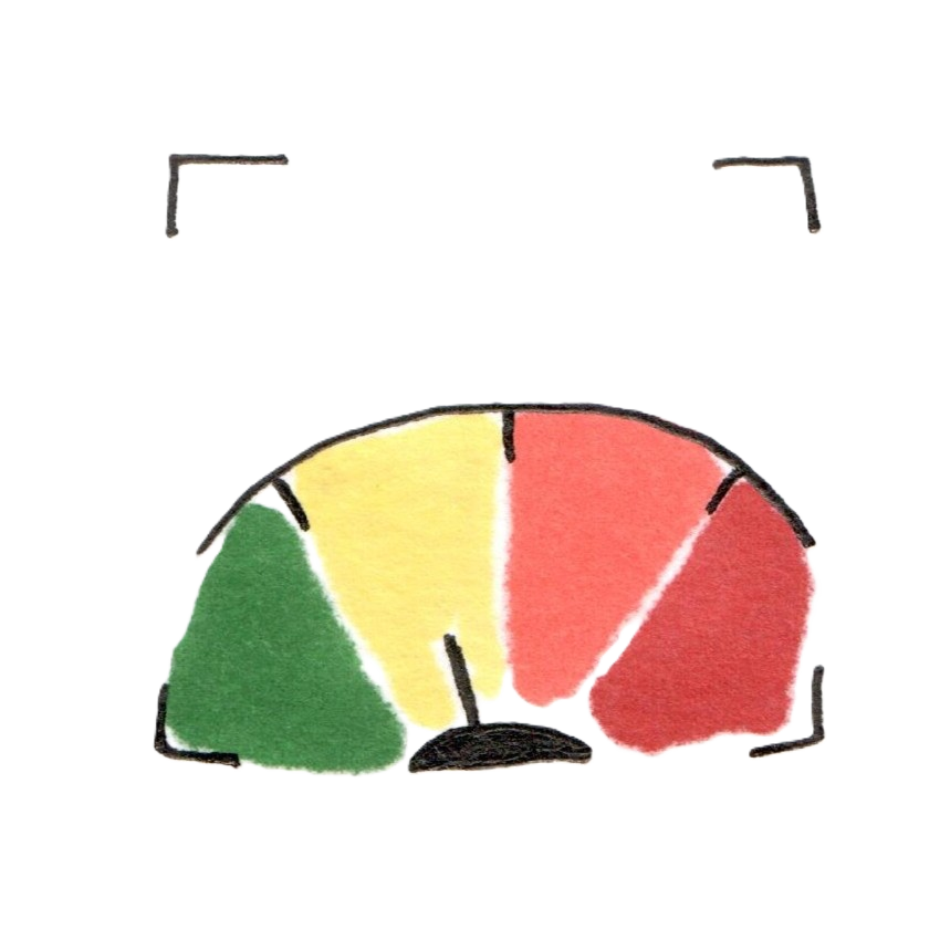 Color-coded gauge with green, yellow, and red sections indicating different levels or statuses.