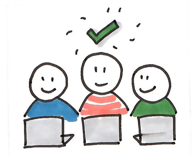 Hand-drawn illustration of three smiling people sitting at desks with laptops, and a green checkmark above them.