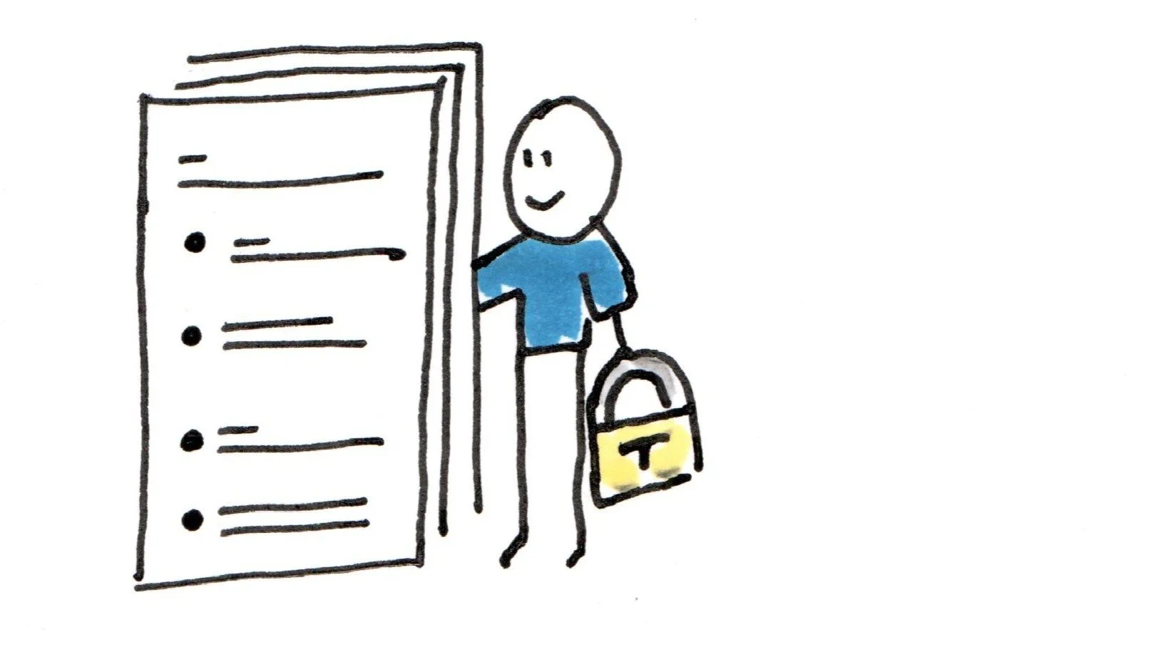 A simple hand-drawn cartoon shows a smiling stick-figure person holding a yellow bag standing beside a large list or sign with black bullet points.
