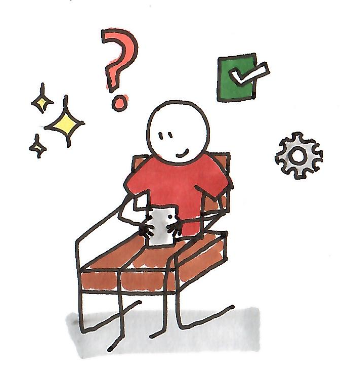 Drawing of a person sitting on a chair, holding a smartphone, surrounded by icons of stars, a question mark, a checkmark, and a gear.