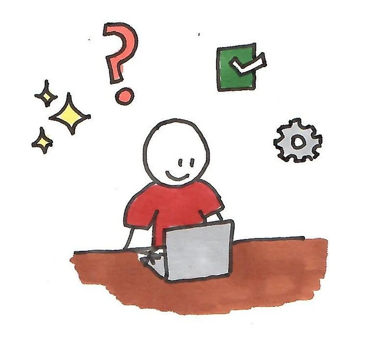 A simple cartoon drawing of a person sitting at a desk with a laptop, smiling, surrounded by icons of sparkles, a question mark, a checkmark in a square, and a gear.