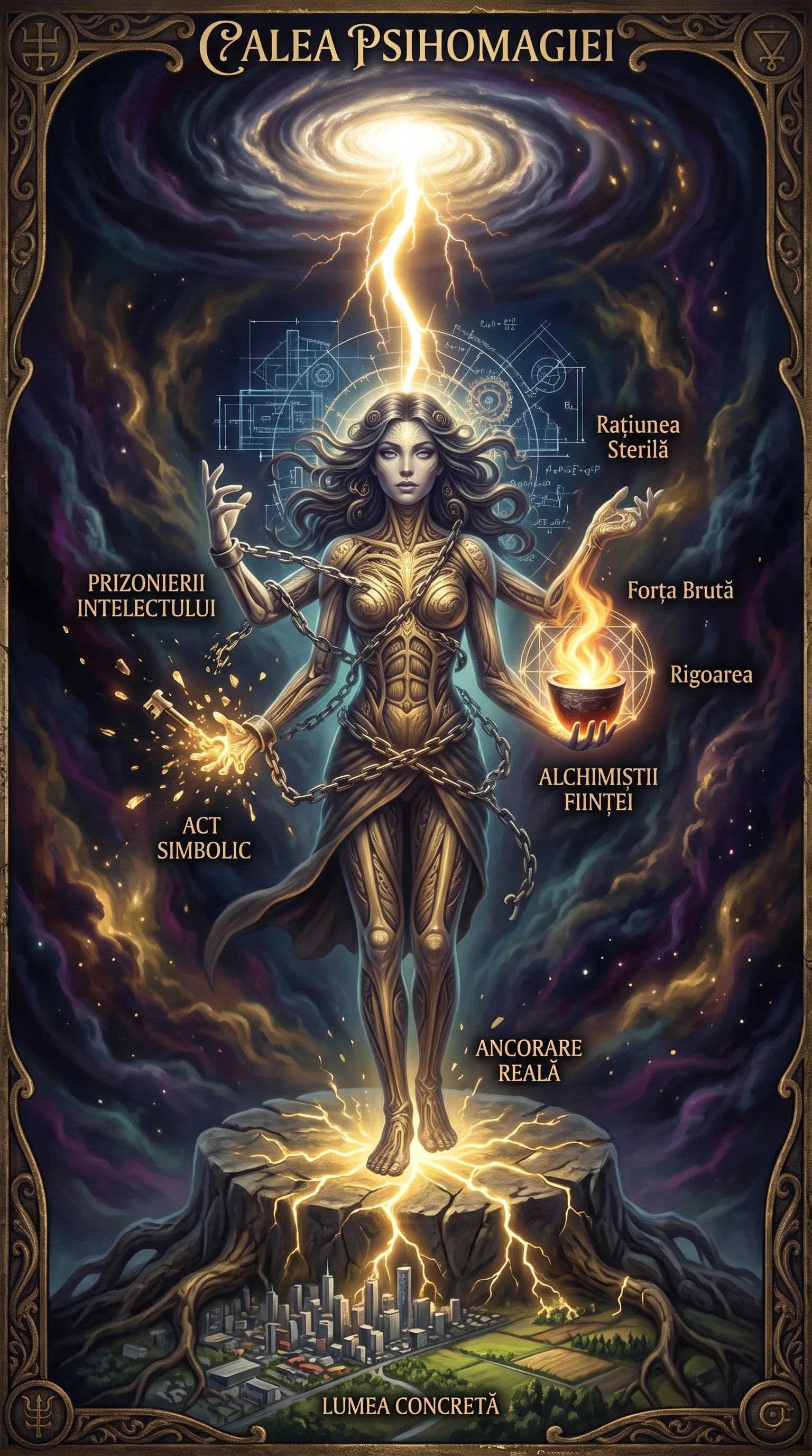 A fantastical digital illustration of a mystical woman connected to lightning and cosmic symbols. The woman has chains around her arms, glowing fire in her hand, and is standing on a rocky base with roots extending to a city below. The background features swirling dark clouds, lightning, and a bright vortex in the sky. Text labels with Romanian words describe her attributes, including 'Alea Psihomagiei,' 'Rațiunea Sterilă,' 'Forta Bruta,' 'Rigoarea,' 'Alchimiștii Fint,' 'Prizonierii Intelctului,' 'Act Symbolic,' 'Ancora Reala,' and 'Lumea Concretă.' Decorative borders frame the image.