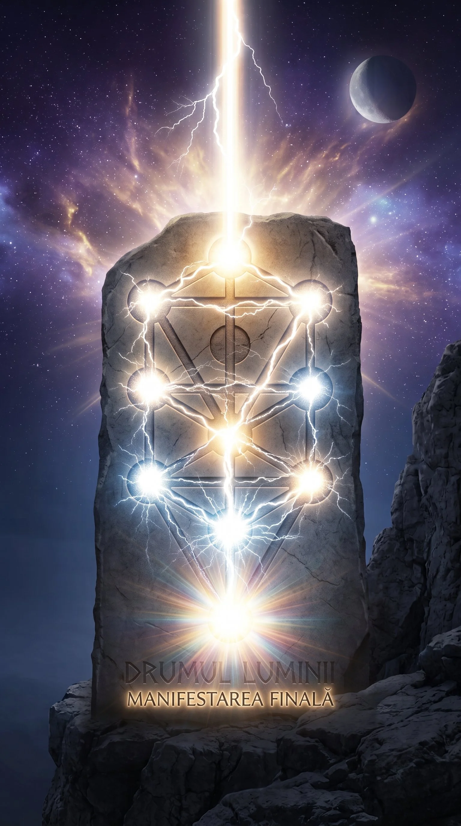 A stone monument with a glowing symbol and lightning effects against a cosmic background with stars and planets. The text on the monument reads 'DRUMUL LUMINII' and 'MANIFESTAREA FINALĂ'.
